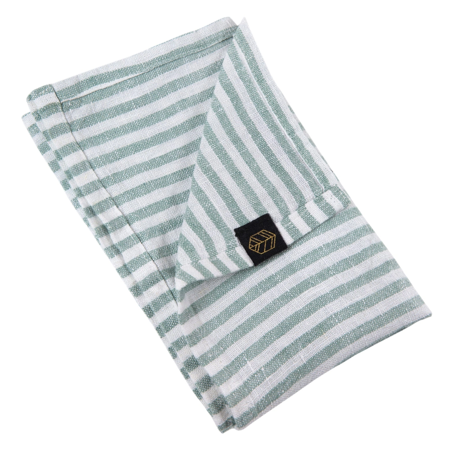 Servilleta rectangular de lino a rayas verdes y blancas, doblada sobre fondo blanco