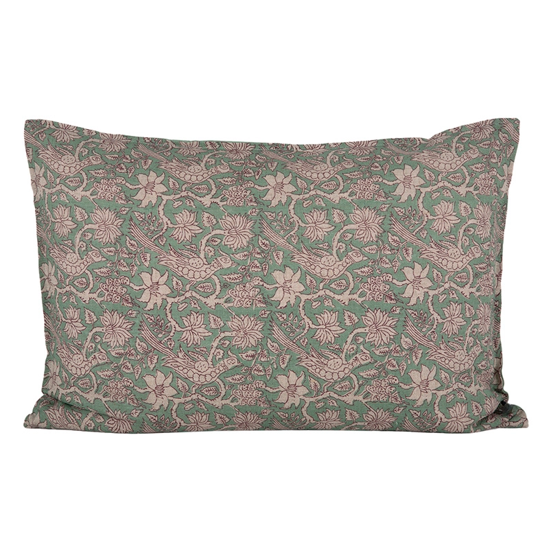 Funda de cojín Jaipur con estampado floral y de aves, vista frontal sobre fondo blanco.