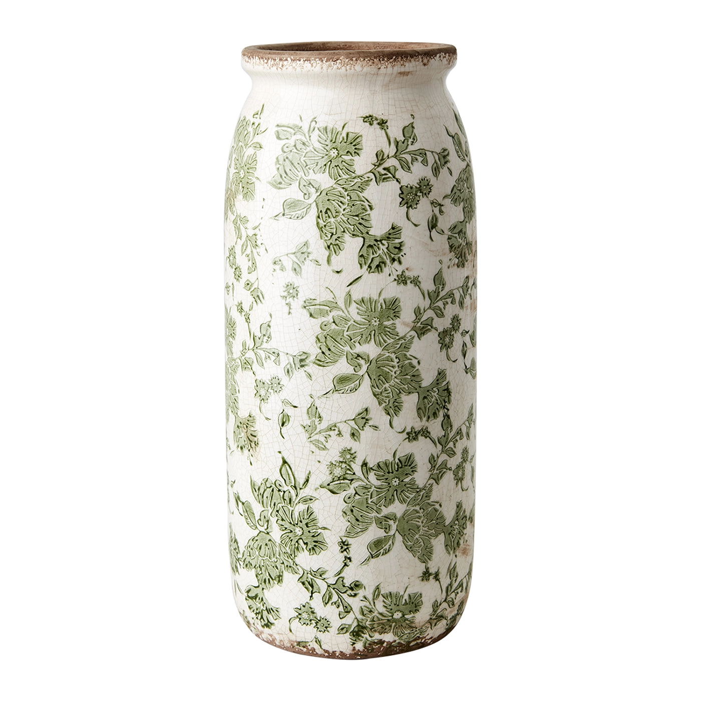 Florero VICTORIA blanco y verde de cuerpo cilíndrico, visto de frente sobre fondo blanco