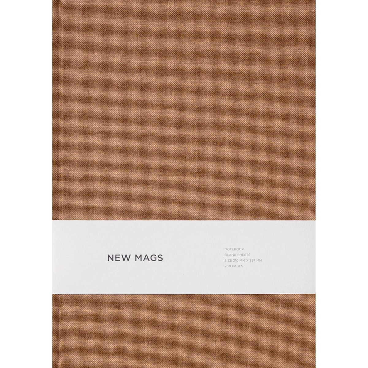 Vista de cerca de la cubierta café de tapa dura del cuaderno, con banda blanca.