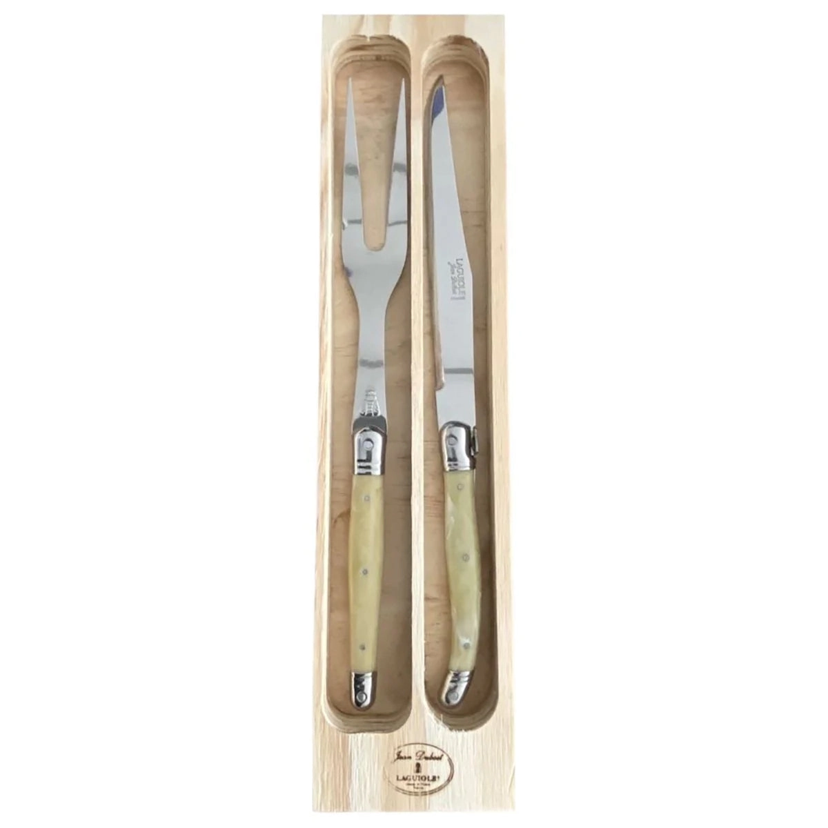 Cuchillo y tenedor de asado Laguiole dentro de su caja, vistos desde arriba.