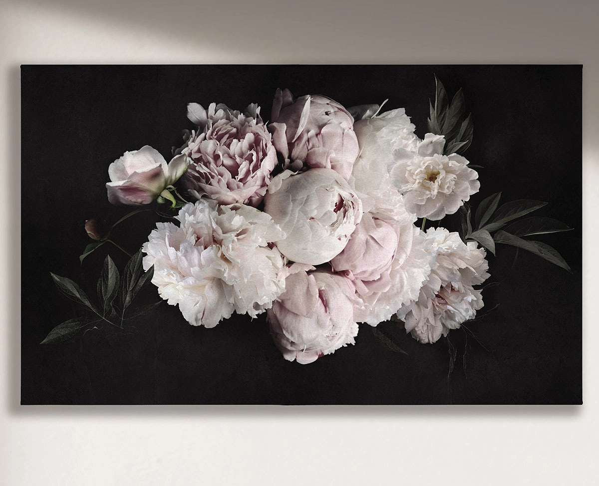 Cuadro peonias horizontal - 100x80 cm / Lona tensada con bastidor + marco color mañío