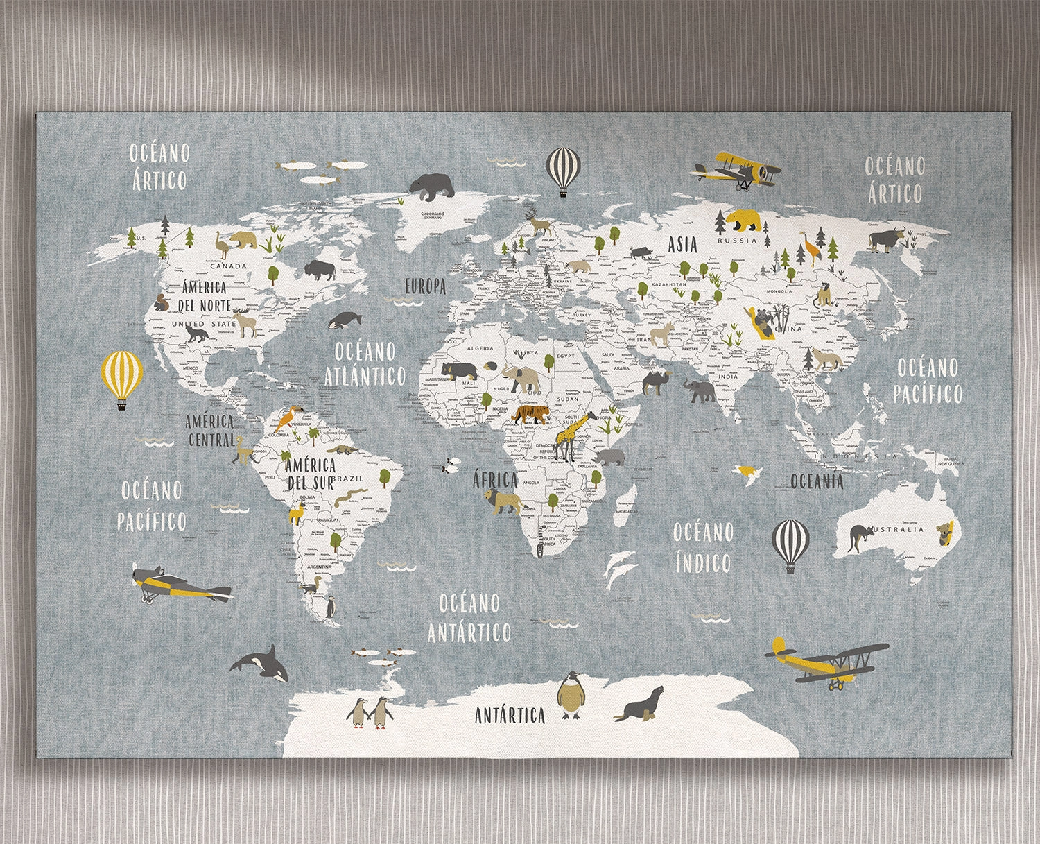 Cuadro Mapa Animales Azul horizontal - 220x145 cm / Lona tensada con bastidor + marco color mañío