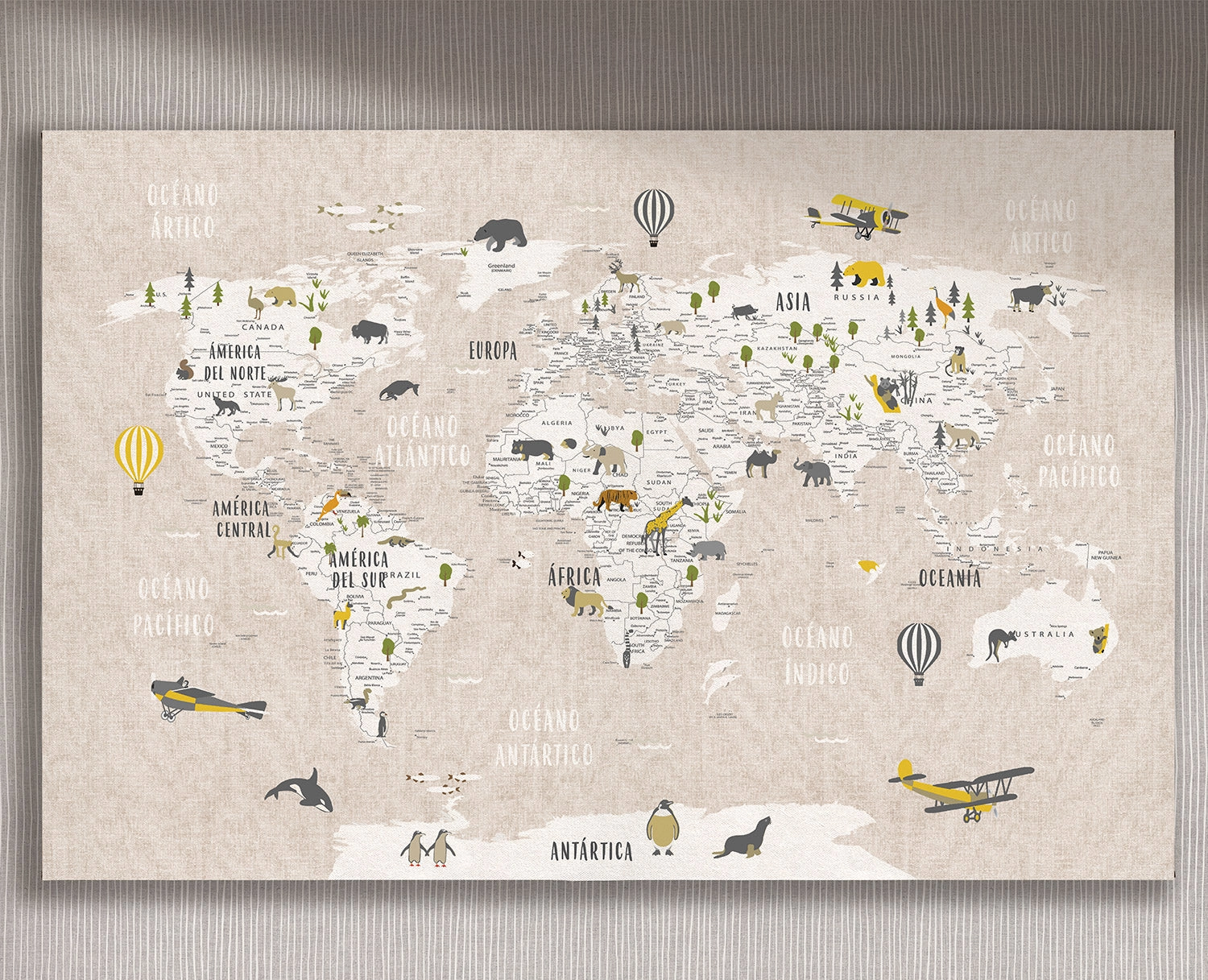 Cuadro Mapa Animales Beige horizontal - 120x75 cm / Lona tensada con bastidor