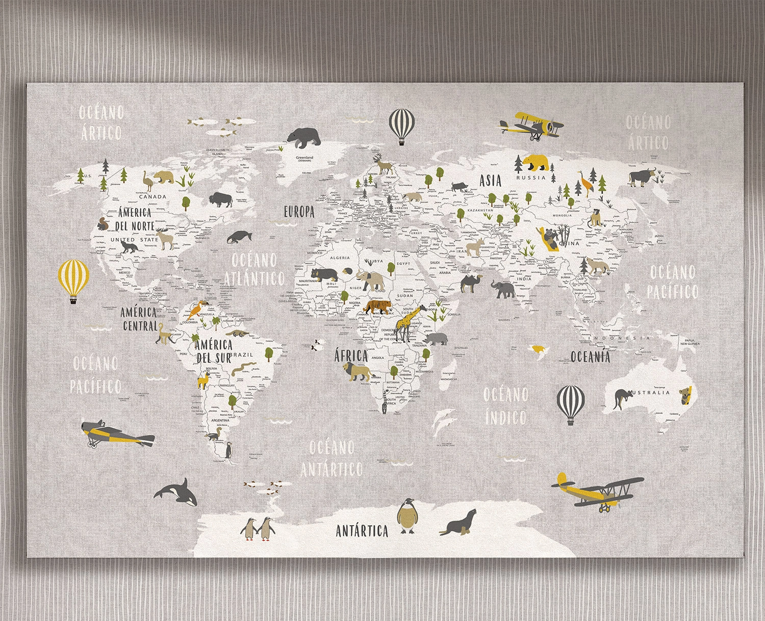 Cuadro Mapa Animales Gris horizontal - 220x145 cm / Lona tensada con bastidor