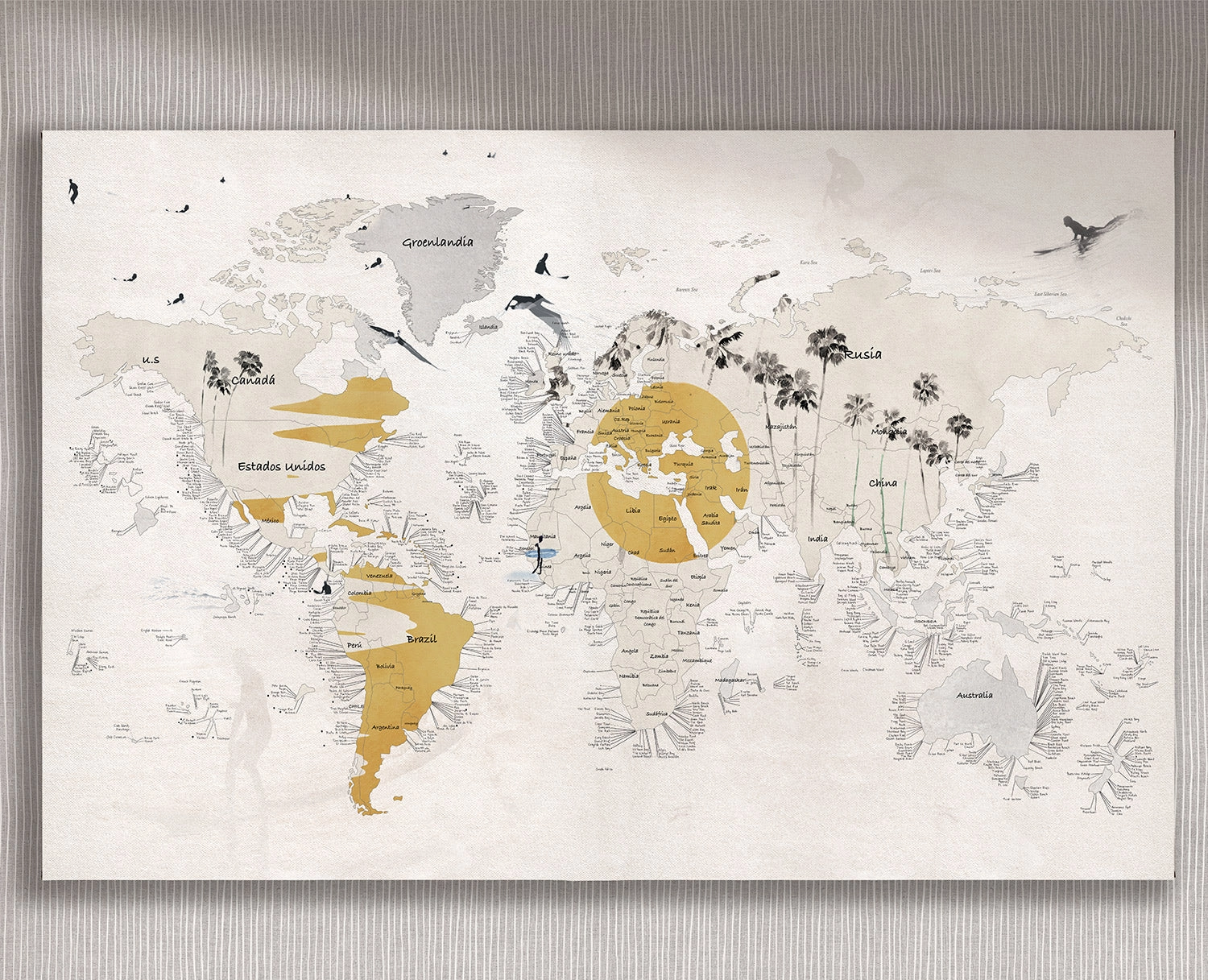 Cuadro Mapa Surf horizontal - 140x90 cm / Lona tensada con bastidor + marco color mañío