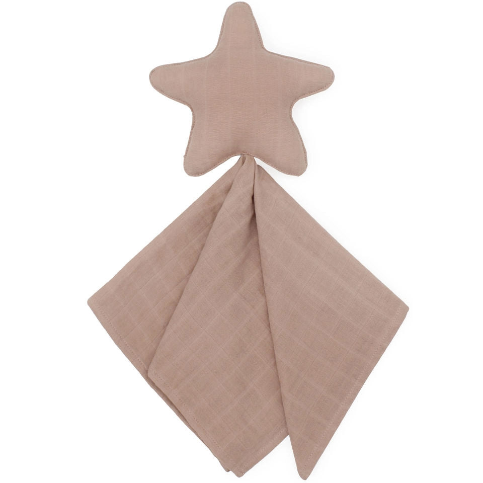 Tuto de apego Rose con forma de estrella y paño de muselina, visto de frente sobre fondo blanco.