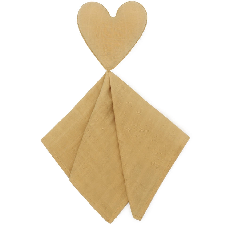 Tuto de apego Mustard con forma de corazón, extendido sobre fondo blanco.