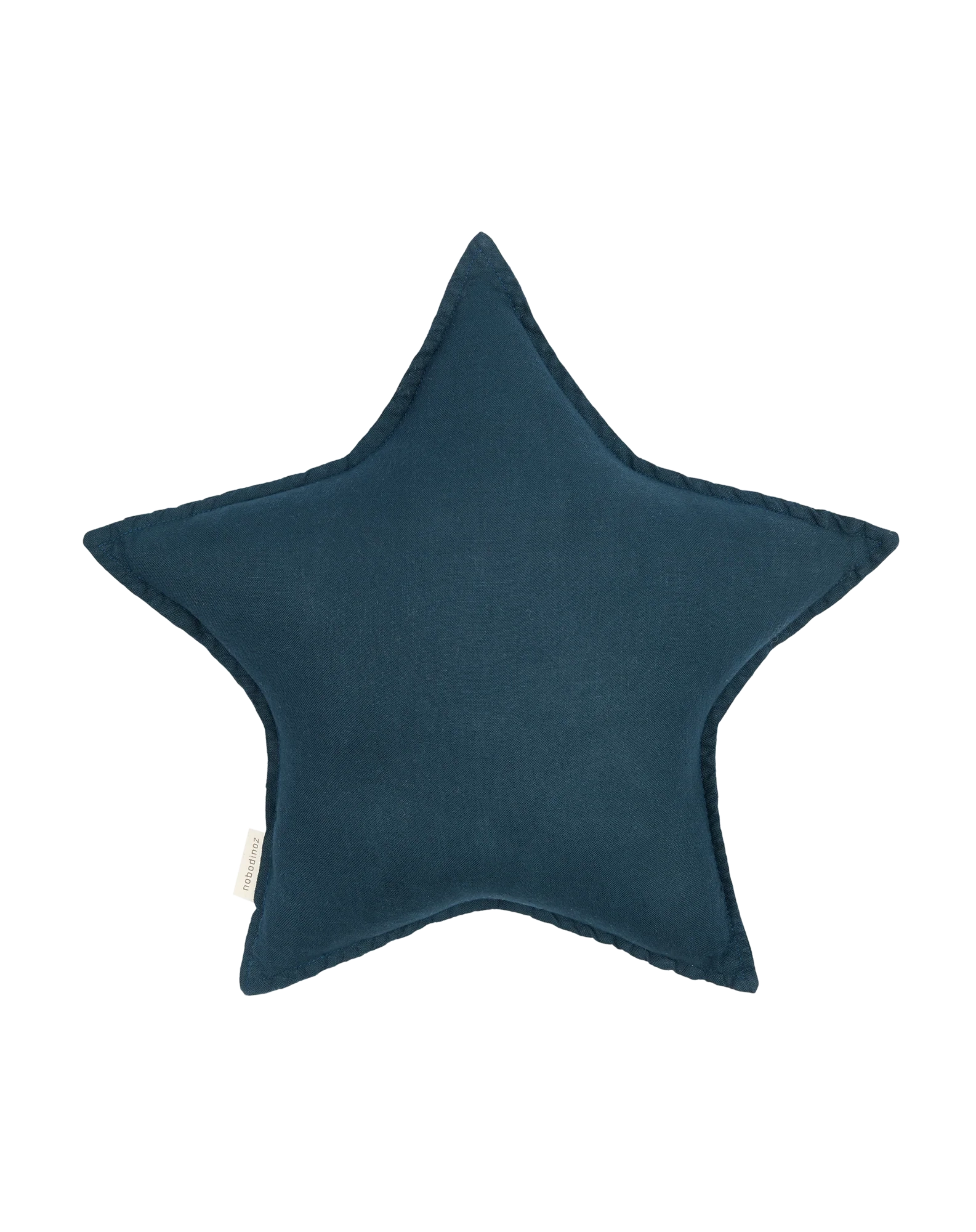 Cojín azul con forma de estrella, visto de frente sobre fondo claro.