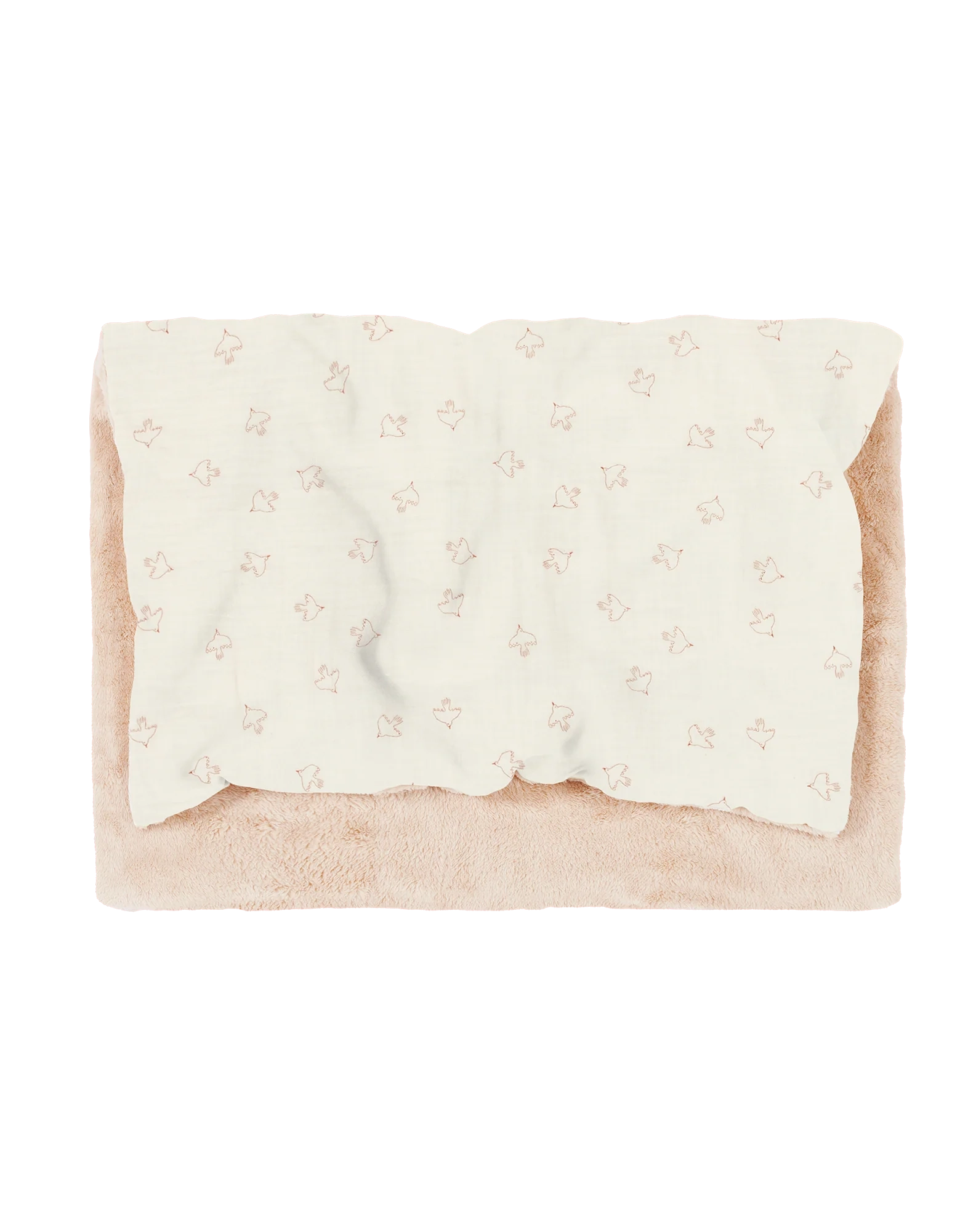 Manta rectangular con patrón de pájaros y reverso de falso pelo, vista desde arriba.