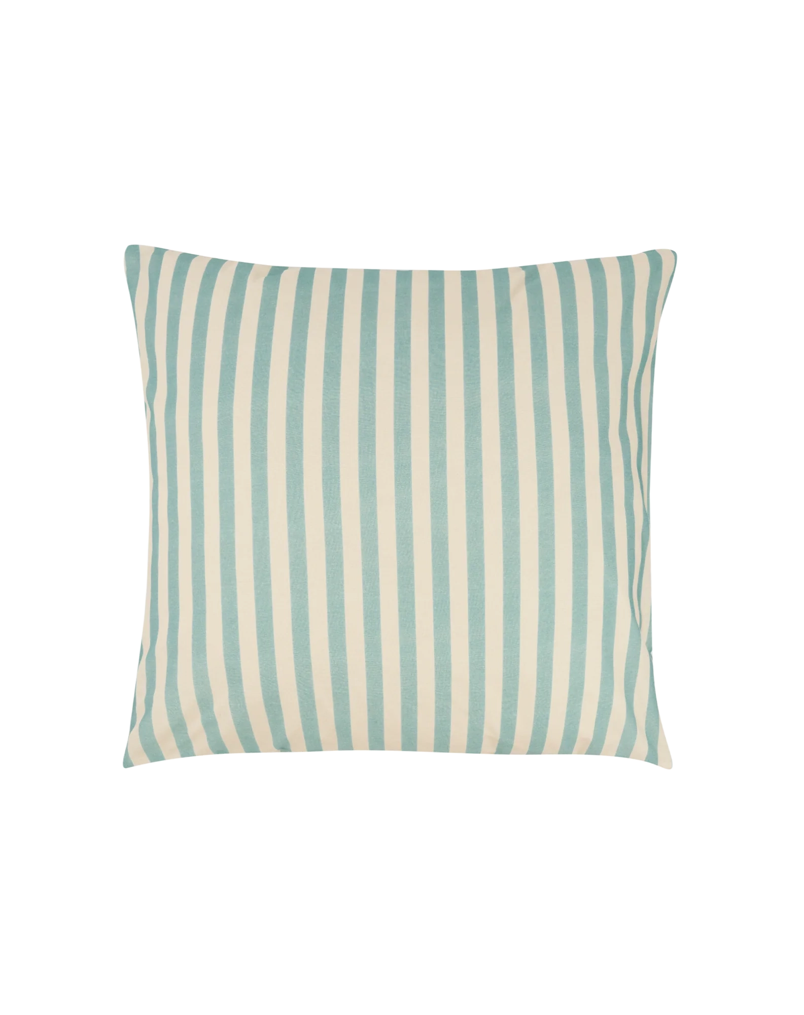 Funda de almohada cuadrada con franjas verticales turquesa y blancas, vista de frente.