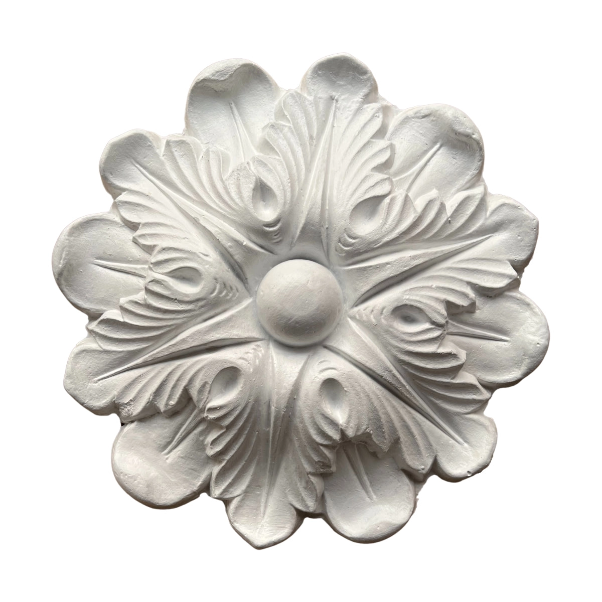 Rosetón circular de yeso con relieve floral radial, visto de frente sobre fondo claro