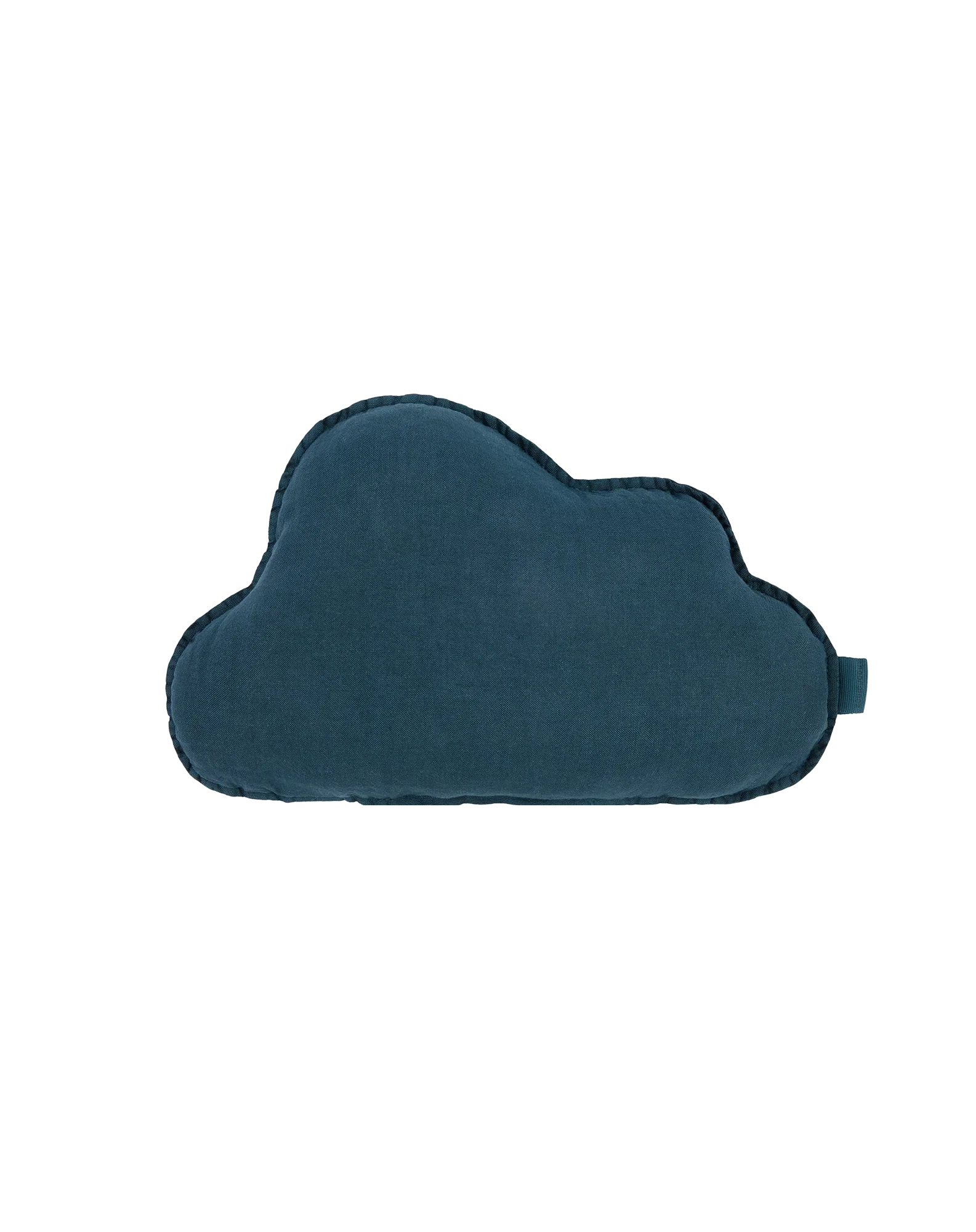 Cojín azul con forma de nube, visto de frente sobre fondo blanco.