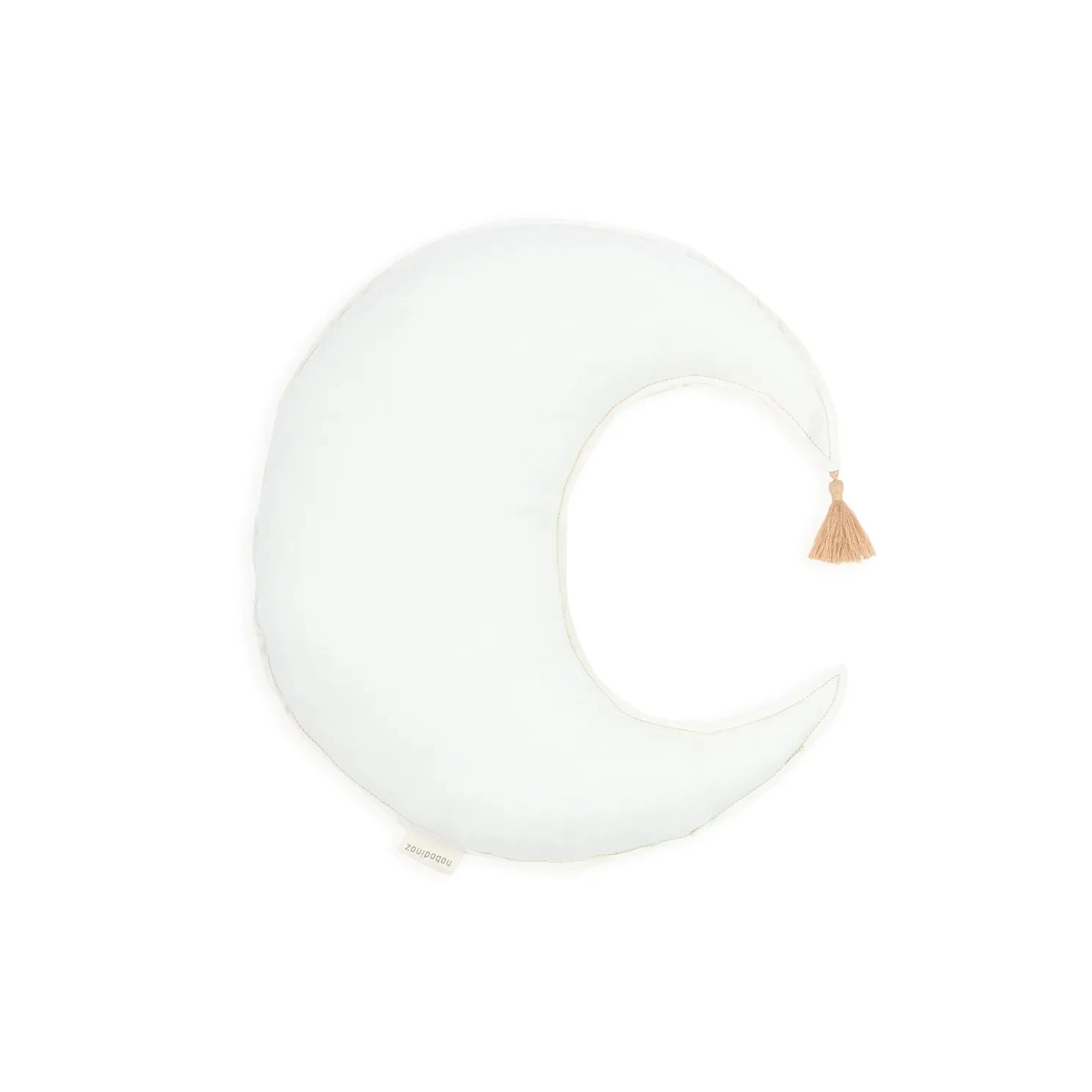 Cojín Off White con forma de luna, visto de frente sobre fondo blanco.