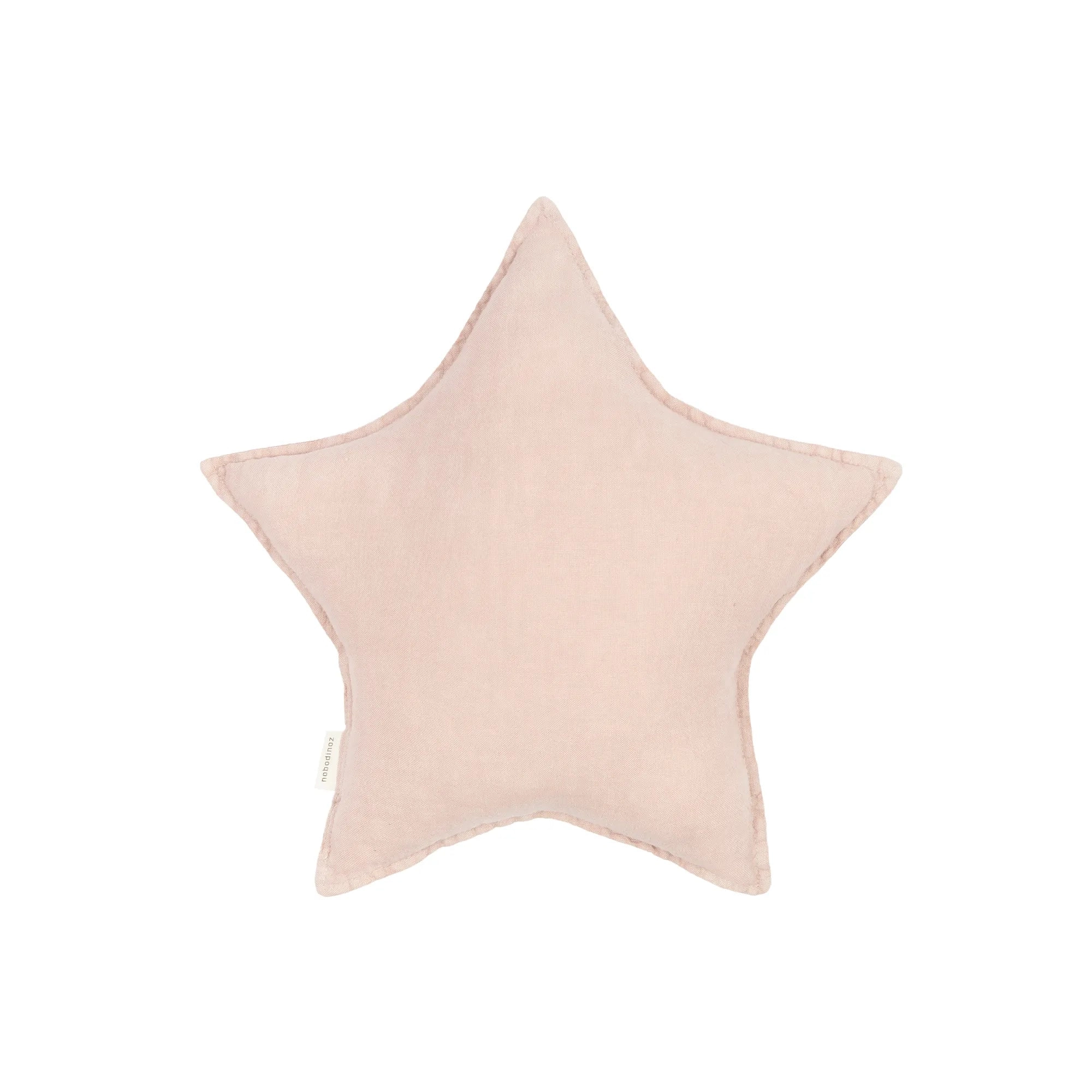 Cojín rosa pálido con forma de estrella, visto de frente sobre fondo blanco