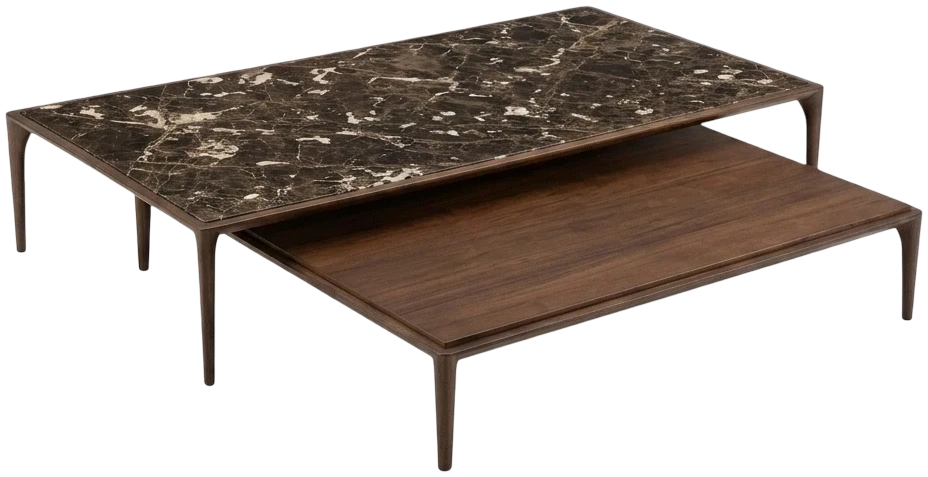 Mesa de centro Mógano 120x120 madera malto, 160 mármol emperador