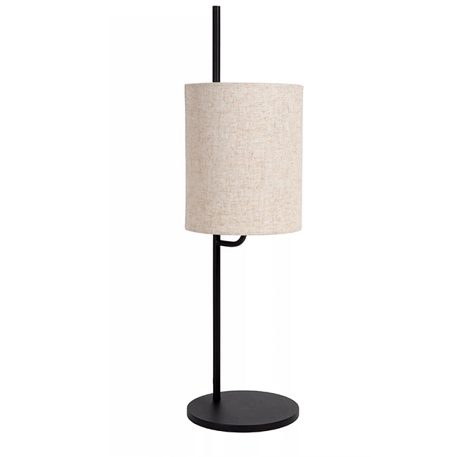 Lámpara de mesa con base negra y pantalla cilíndrica de lino beige, vista de frente sobre fondo blanco.
