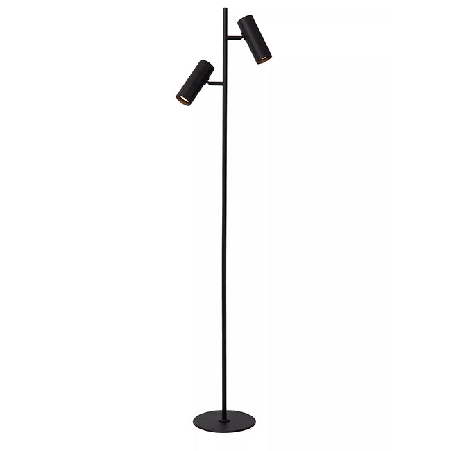 Lámpara de pie negra de dos luces, vista completa sobre fondo blanco.