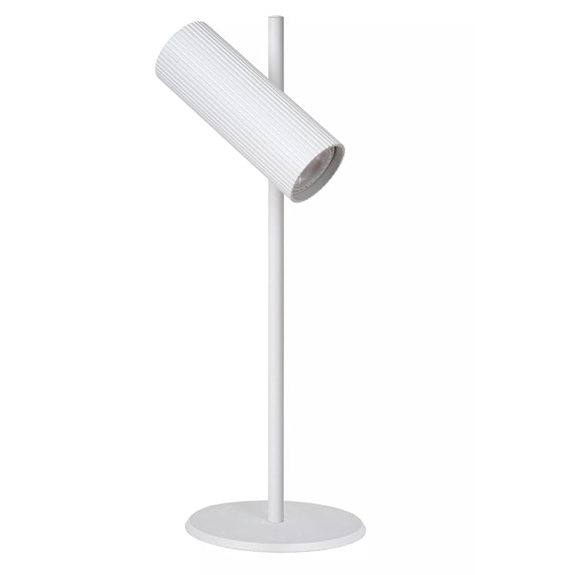 Lámpara de mesa blanca de frente, apagada, sobre fondo blanco.