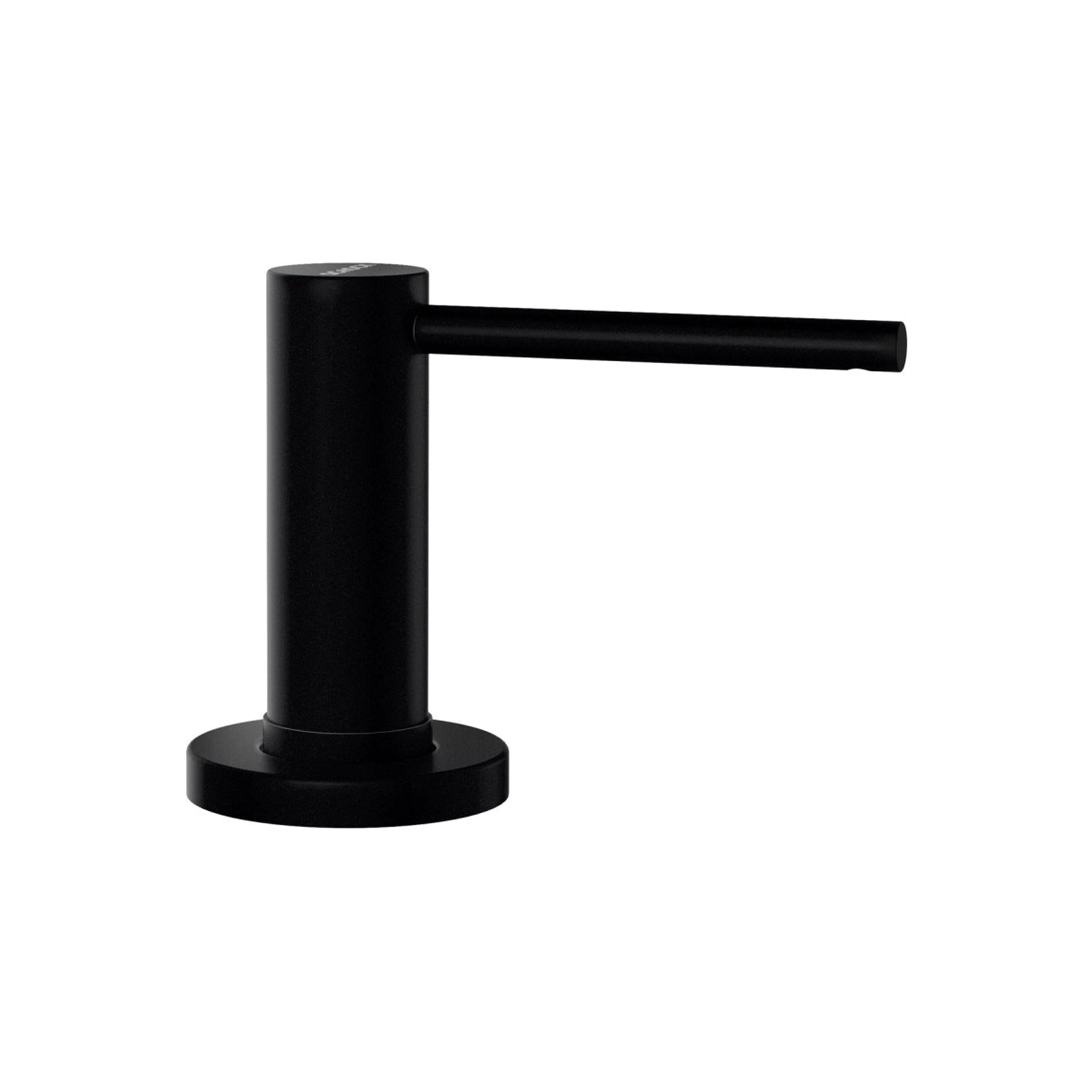 Jabonera Samo negra mate con cuerpo cilíndrico y brazo de control horizontal, sobre fondo blanco.