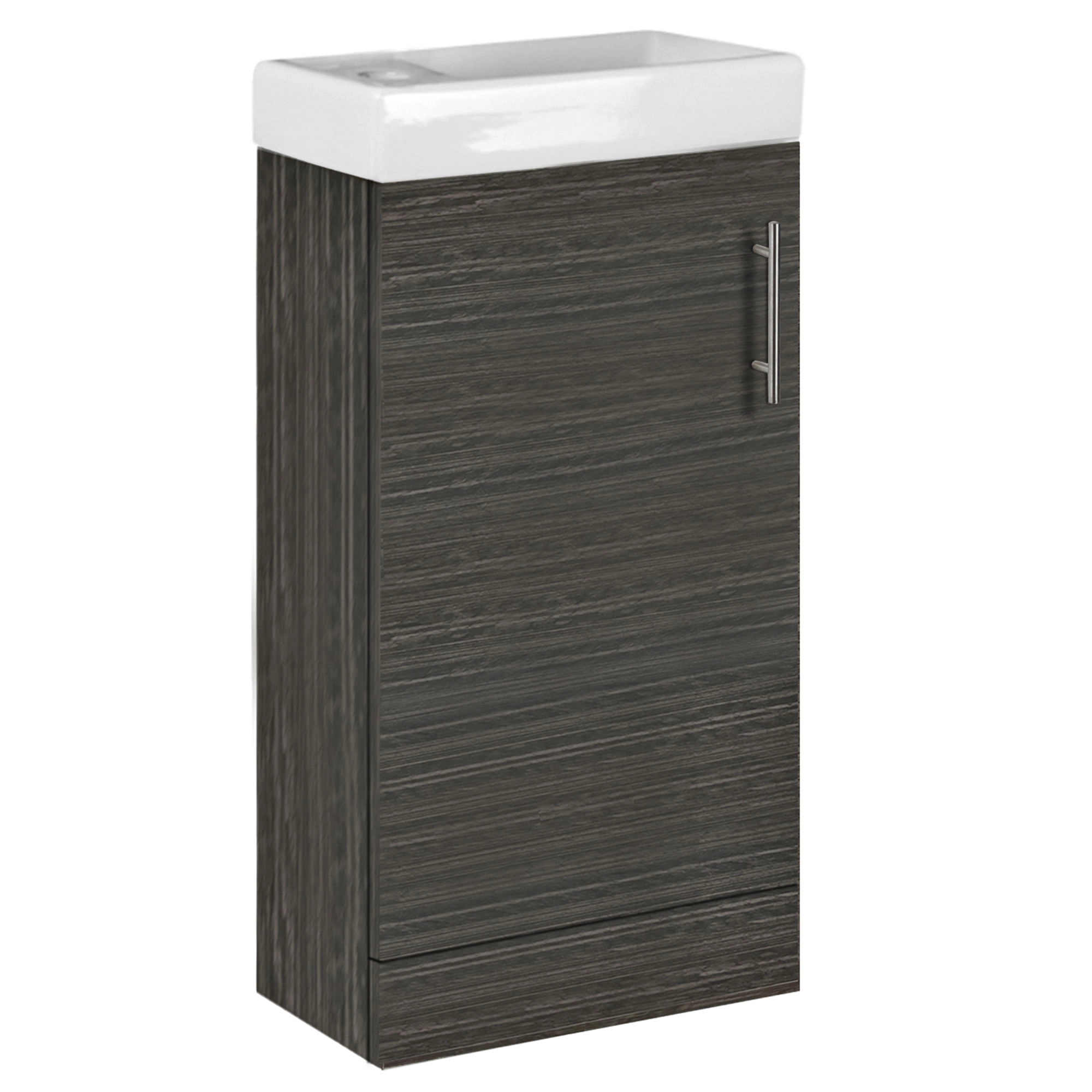 Mueble de baño con lavamanos blanco y una puerta de acabado oscuro, visto en ángulo sobre fondo blanco.