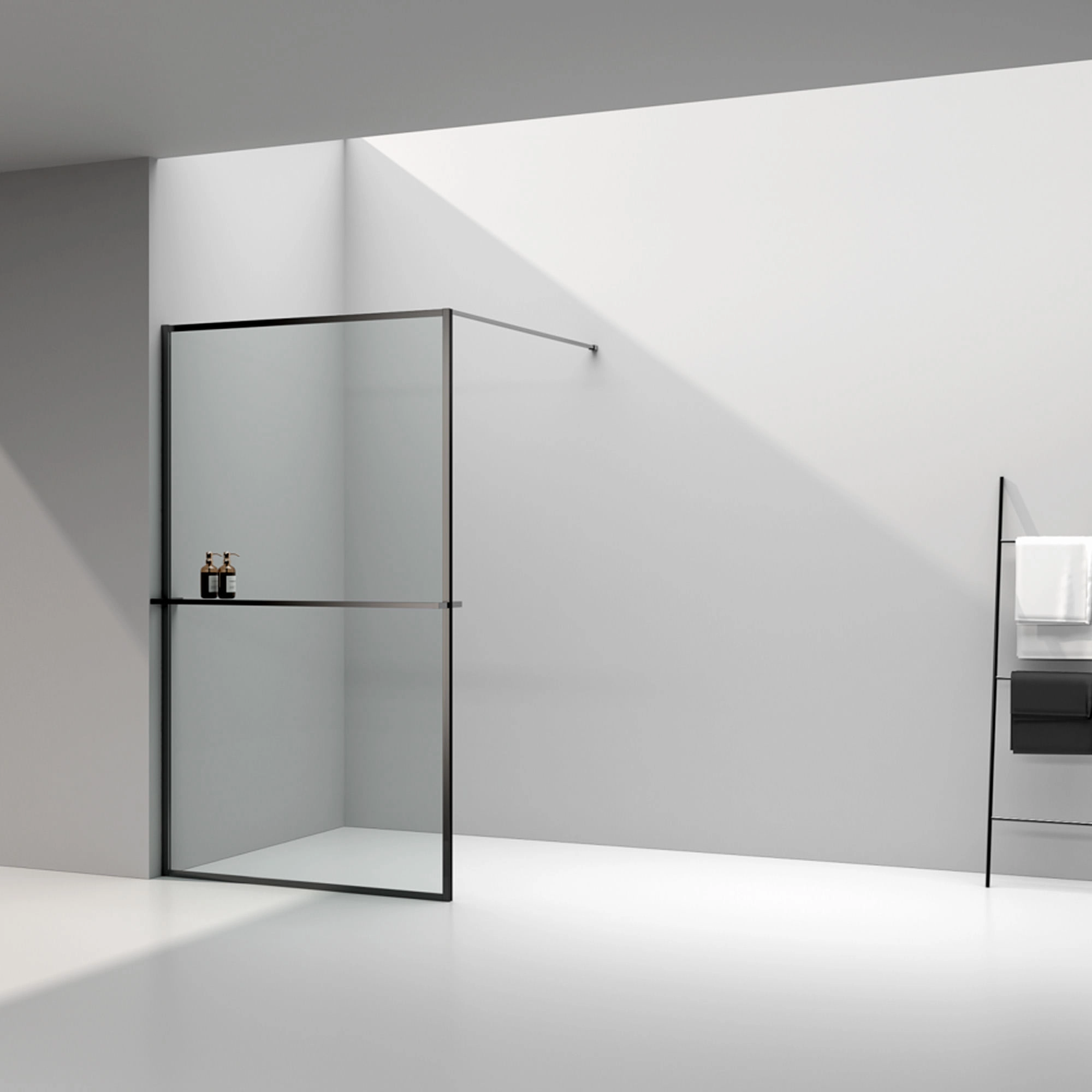 Mampara Ducha Simone Fija Vidrio Templado Brazo Extensor y Barra Negro Mate 1950x1200 mm