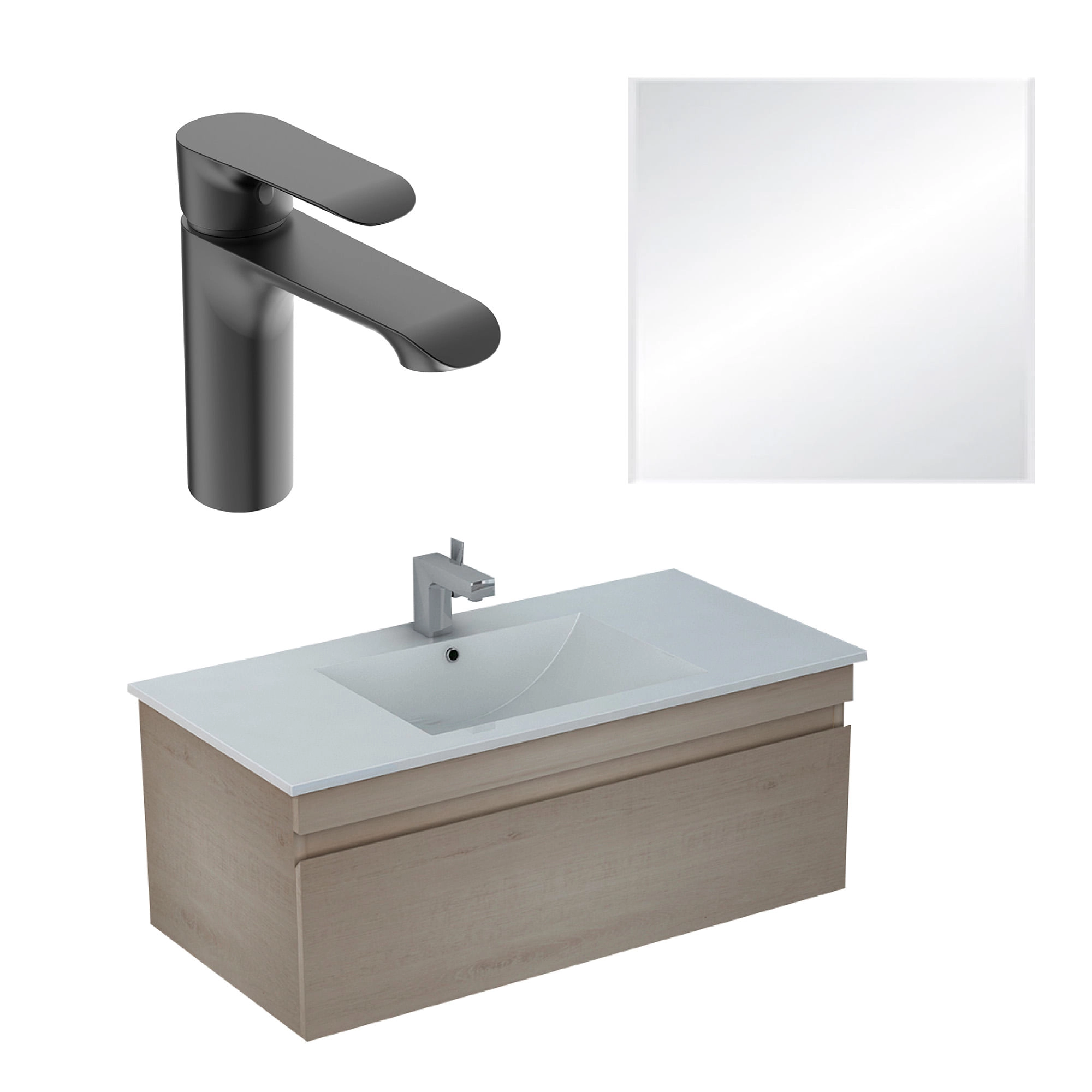 Pack Mueble de Baño Delfos con Lavamanos 900 mm + Espejo Cherry + Grifería Urban Negro Mate
