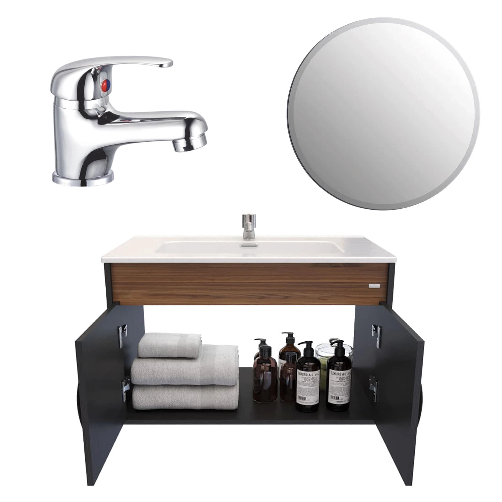 Pack Mueble de Baño Dustry con Lavamanos + Espejo Cherry + Grifería Time Café