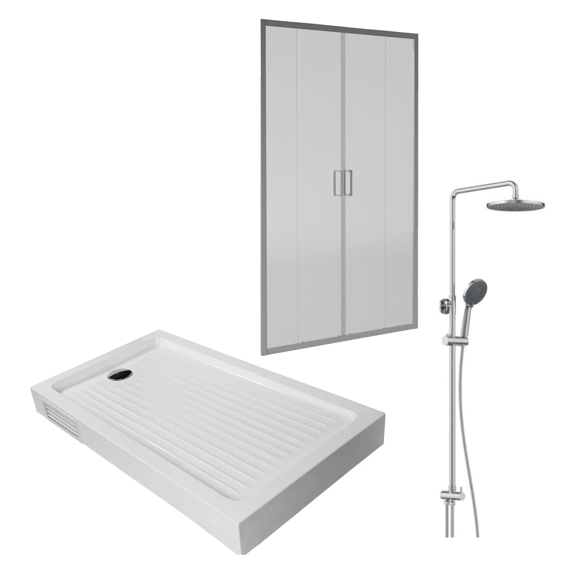 Pack con mampara corredera, receptáculo blanco y columna de ducha cromada sobre fondo blanco