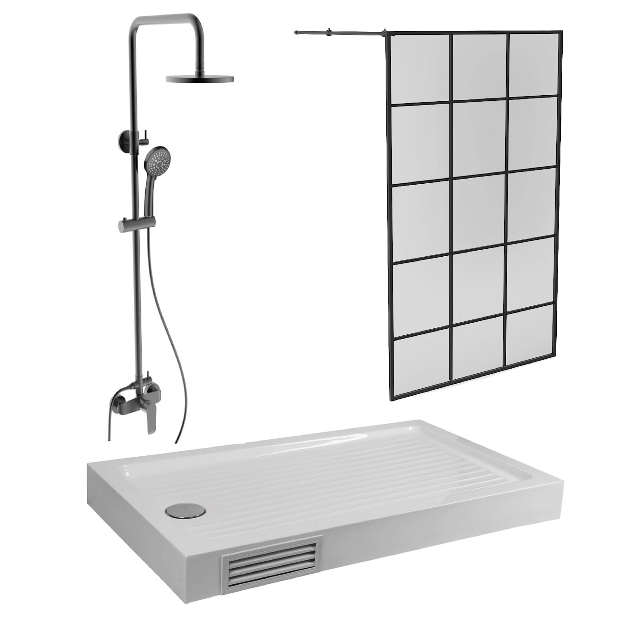 Pack sobre fondo blanco: columna de ducha negra, mampara Grid con cuadrícula y receptáculo blanco.