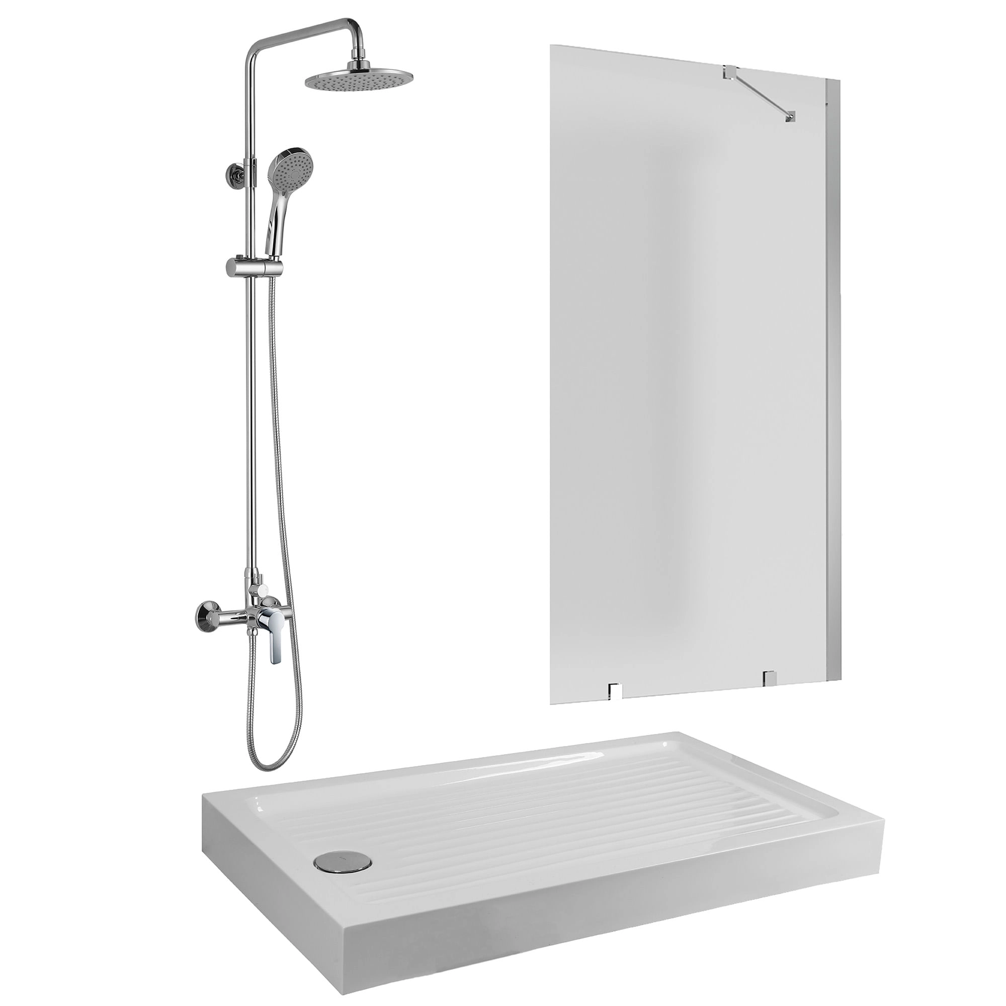 Conjunto de ducha con columna Trento, mampara fija de vidrio y receptáculo Zen, visto de frente sobre fondo blanco.