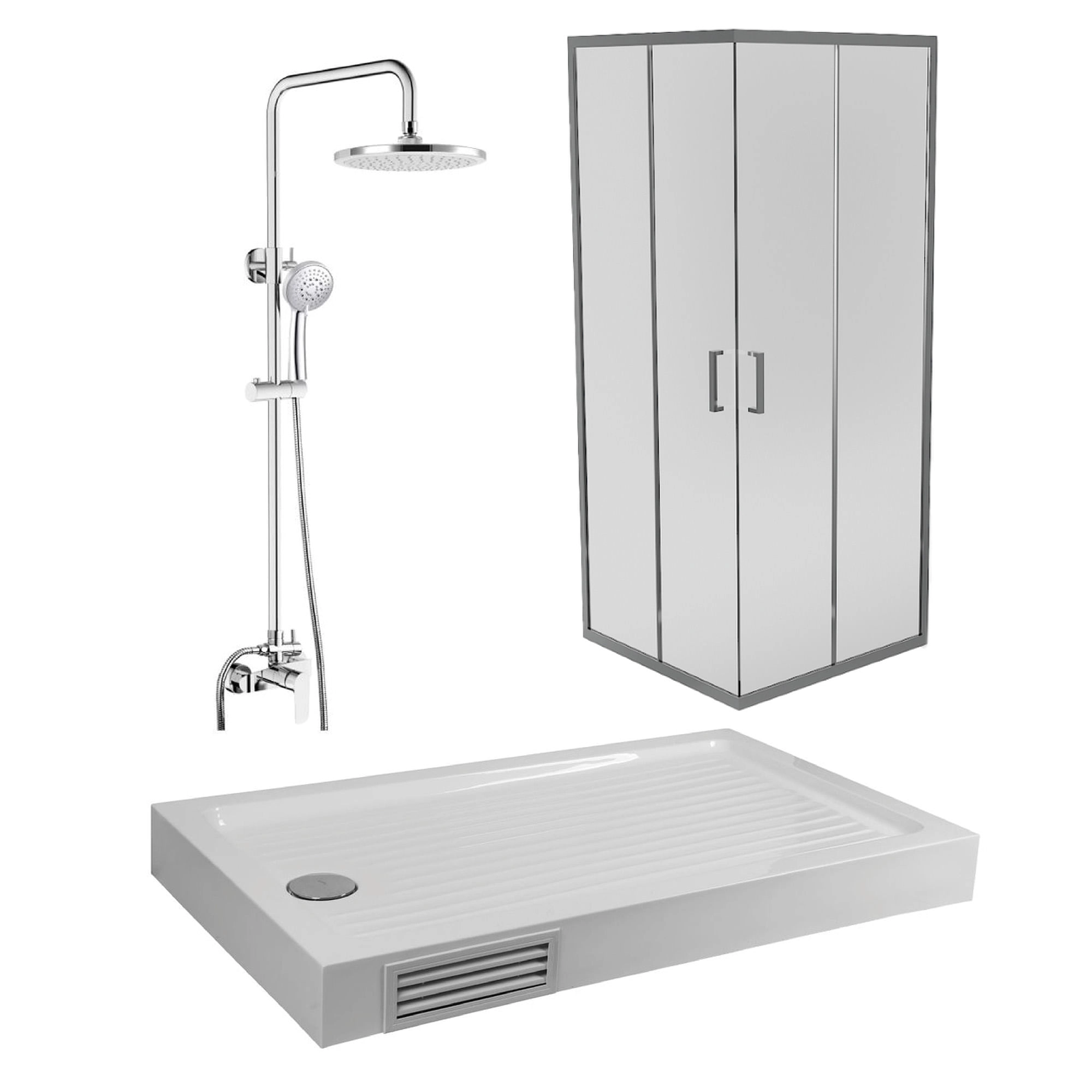 Mampara esquinada de puertas correderas junto a grifería de ducha y receptáculo Zen, vista frontal sobre fondo blanco