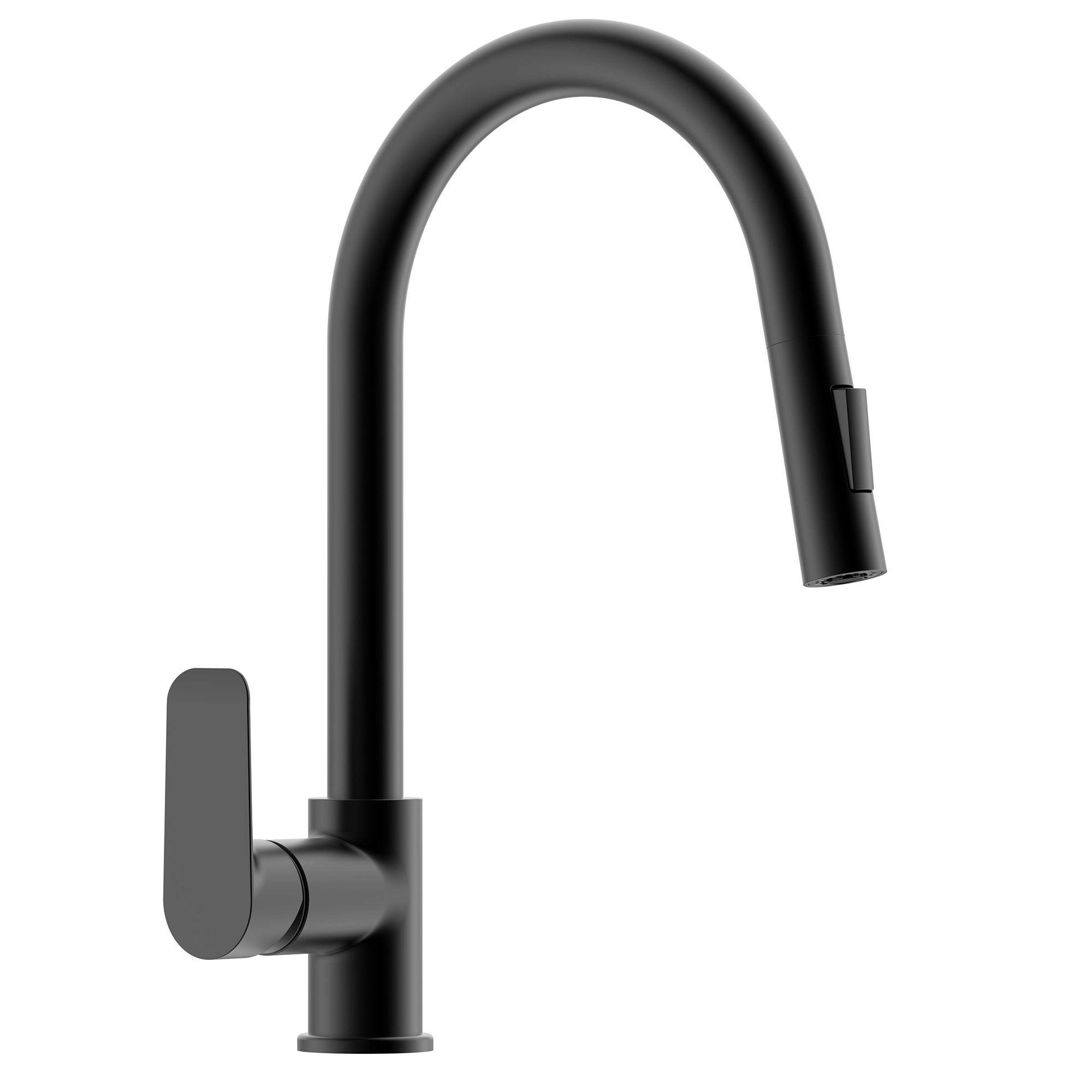 Grifería de cocina negra mate con caño alto curvo y cabezal extraíble, vista frontal sobre fondo blanco.