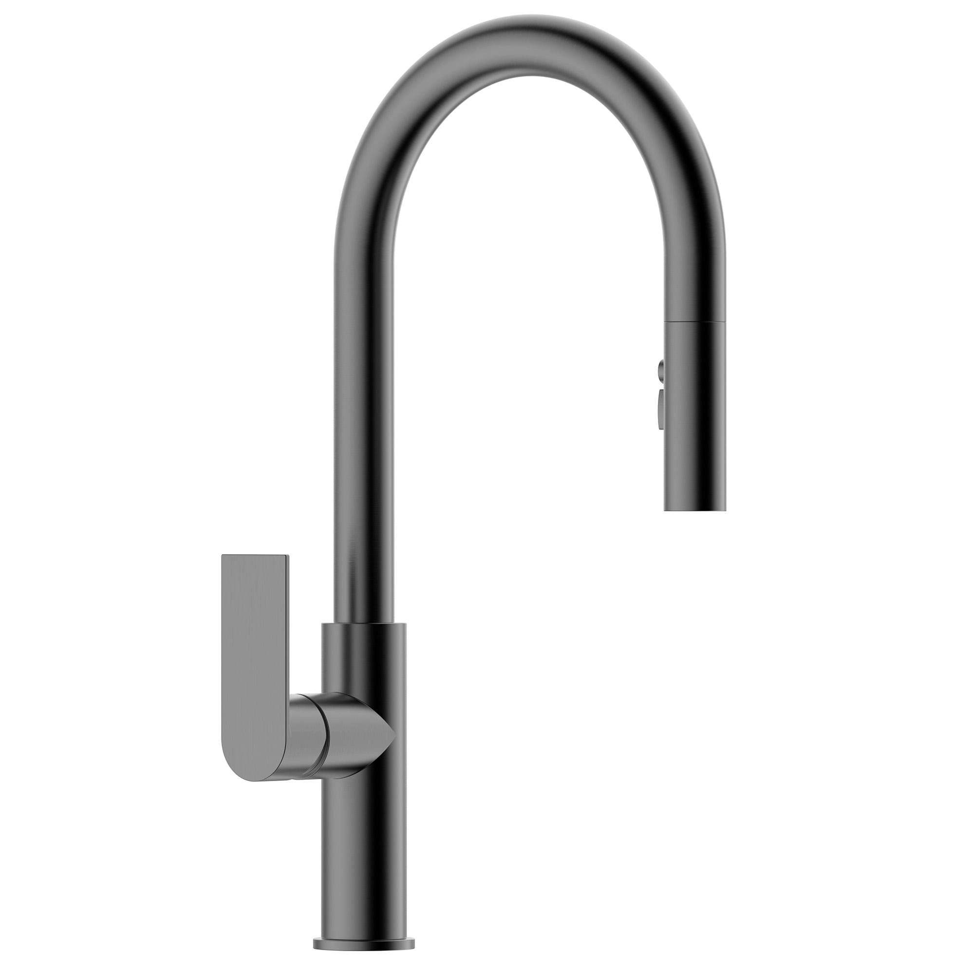 Grifería de cocina Gun Grey de frente, con caño alto en arco invertido y manilla lateral.