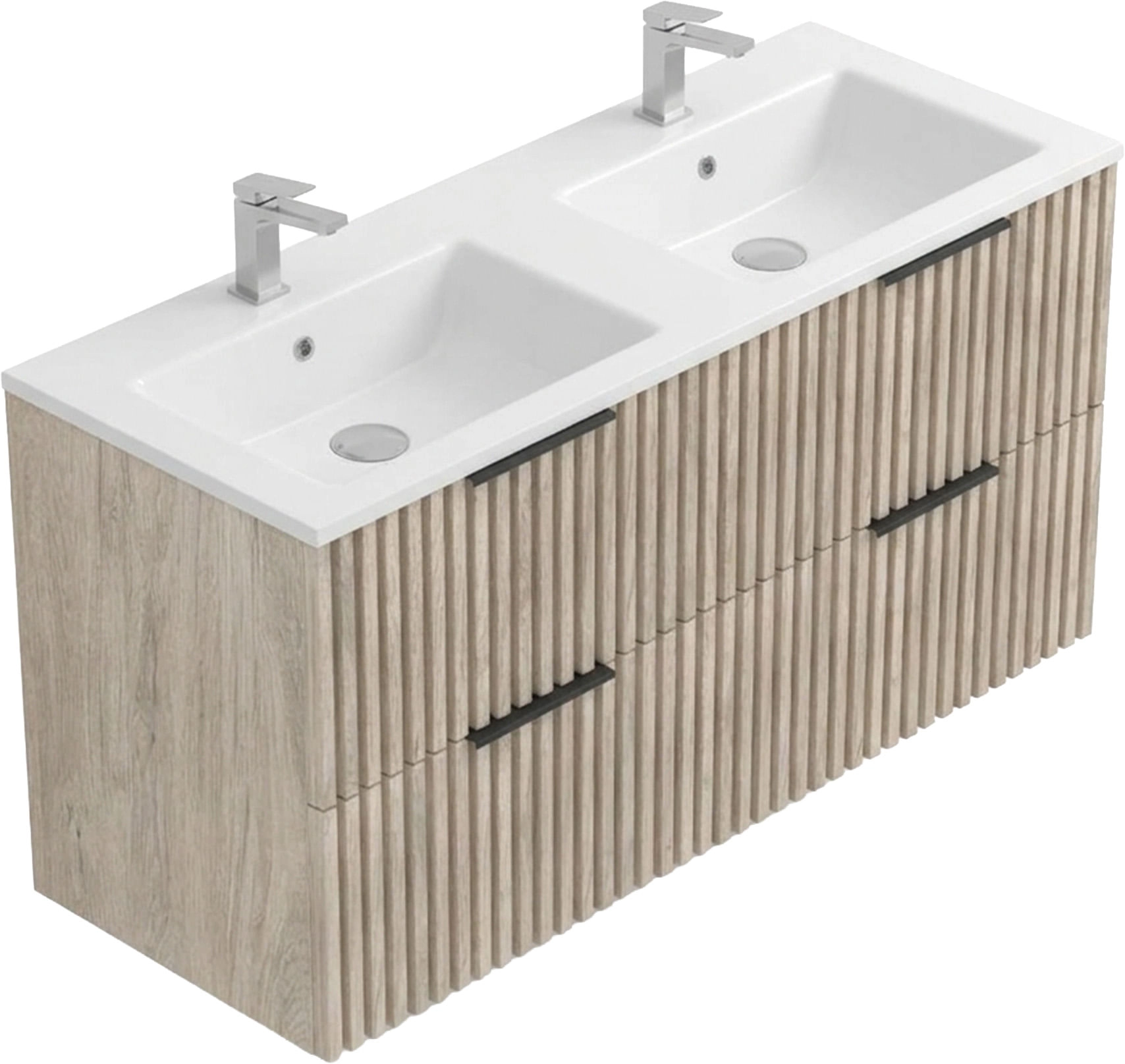 Mueble Amelia-N con lavamanos doble, visto desde arriba en ángulo, con acabado Light Oak