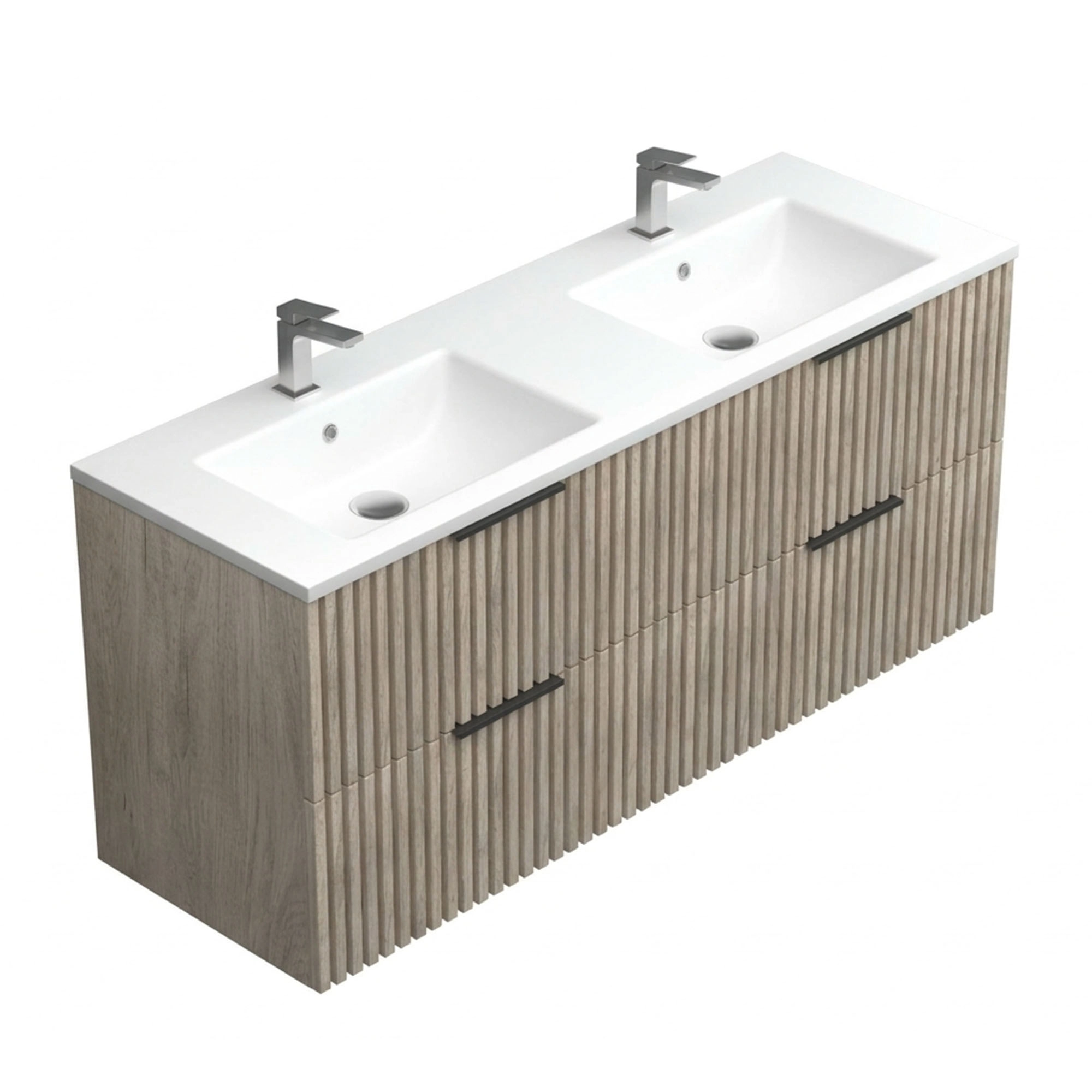 Mueble de baño suspendido con doble lavamanos y cuatro cajones acanalados, visto en perspectiva.