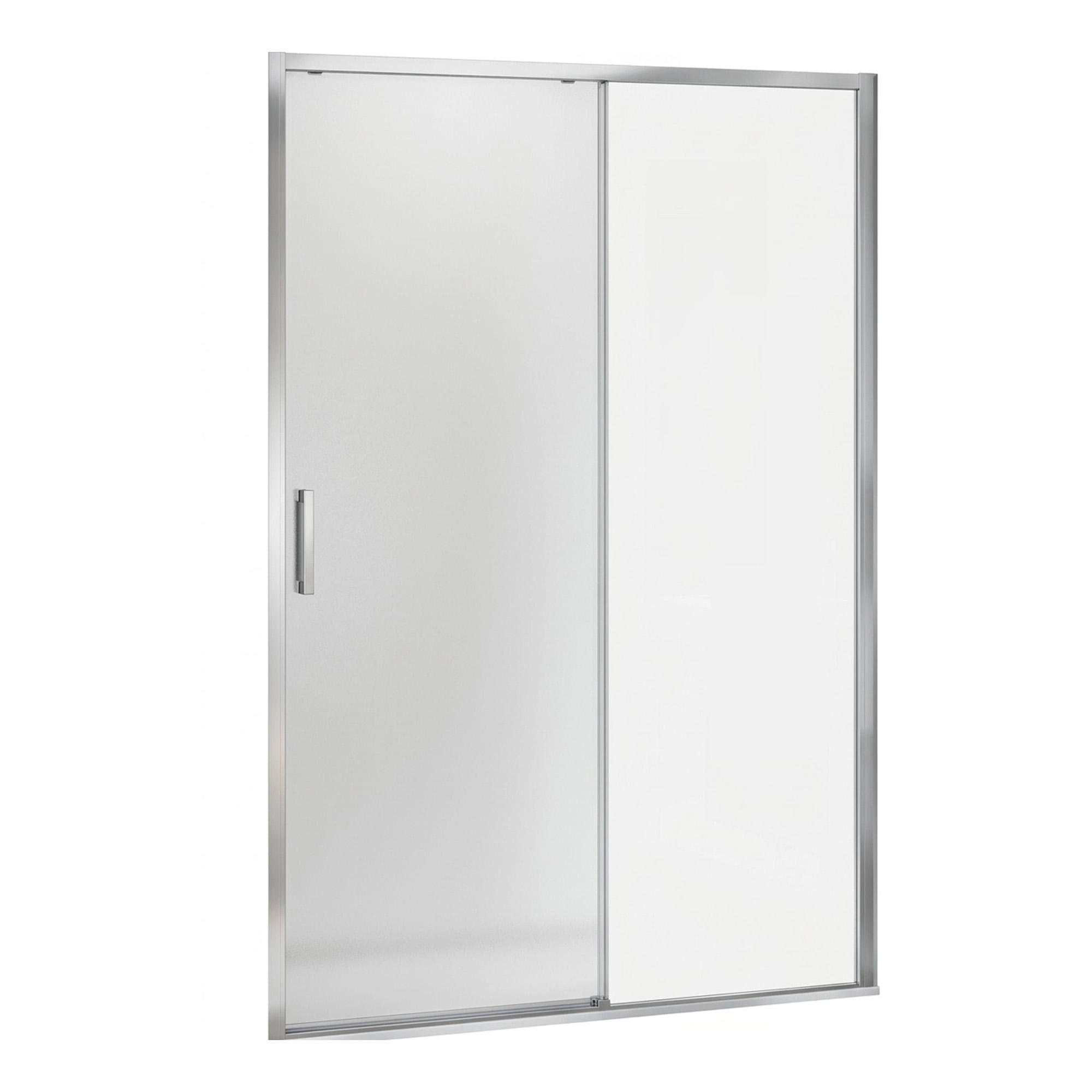 Mampara de ducha corredera Klipen Aura de frente, con panel fijo, panel móvil y perfiles cromo sobre fondo blanco