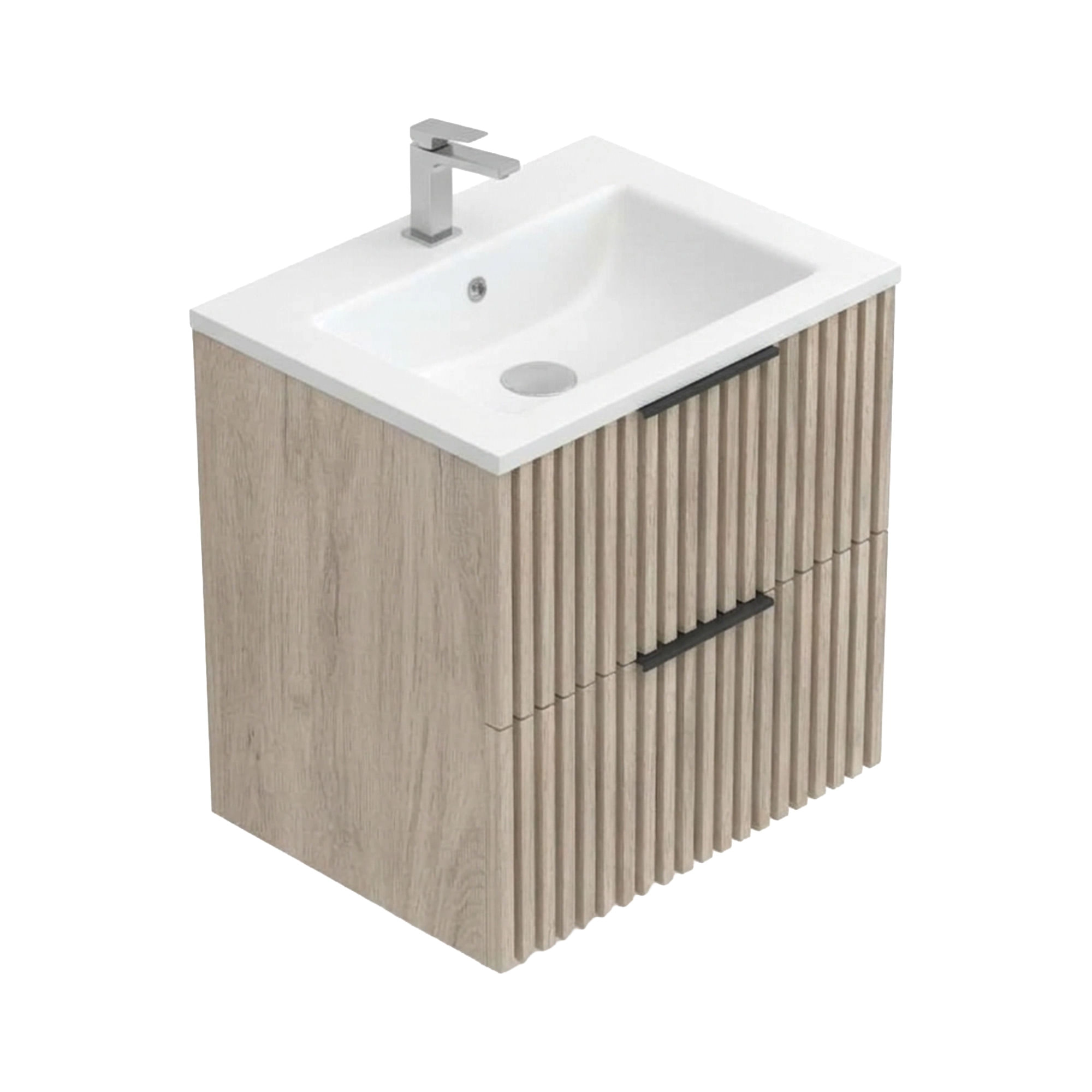 Mueble suspendido Light Oak con lavamanos integrado, visto en perspectiva.