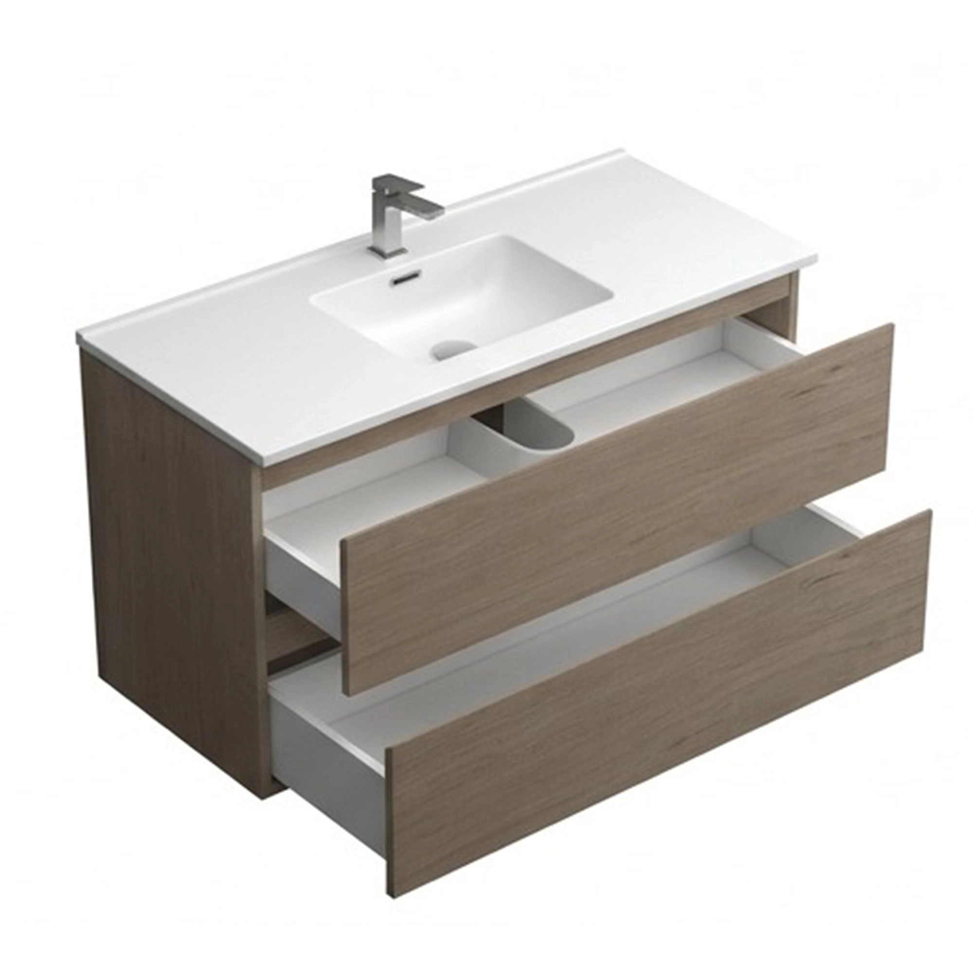 Mueble de baño New Delfos Light Oak con lavamanos integrado y dos cajones abiertos, visto en ángulo