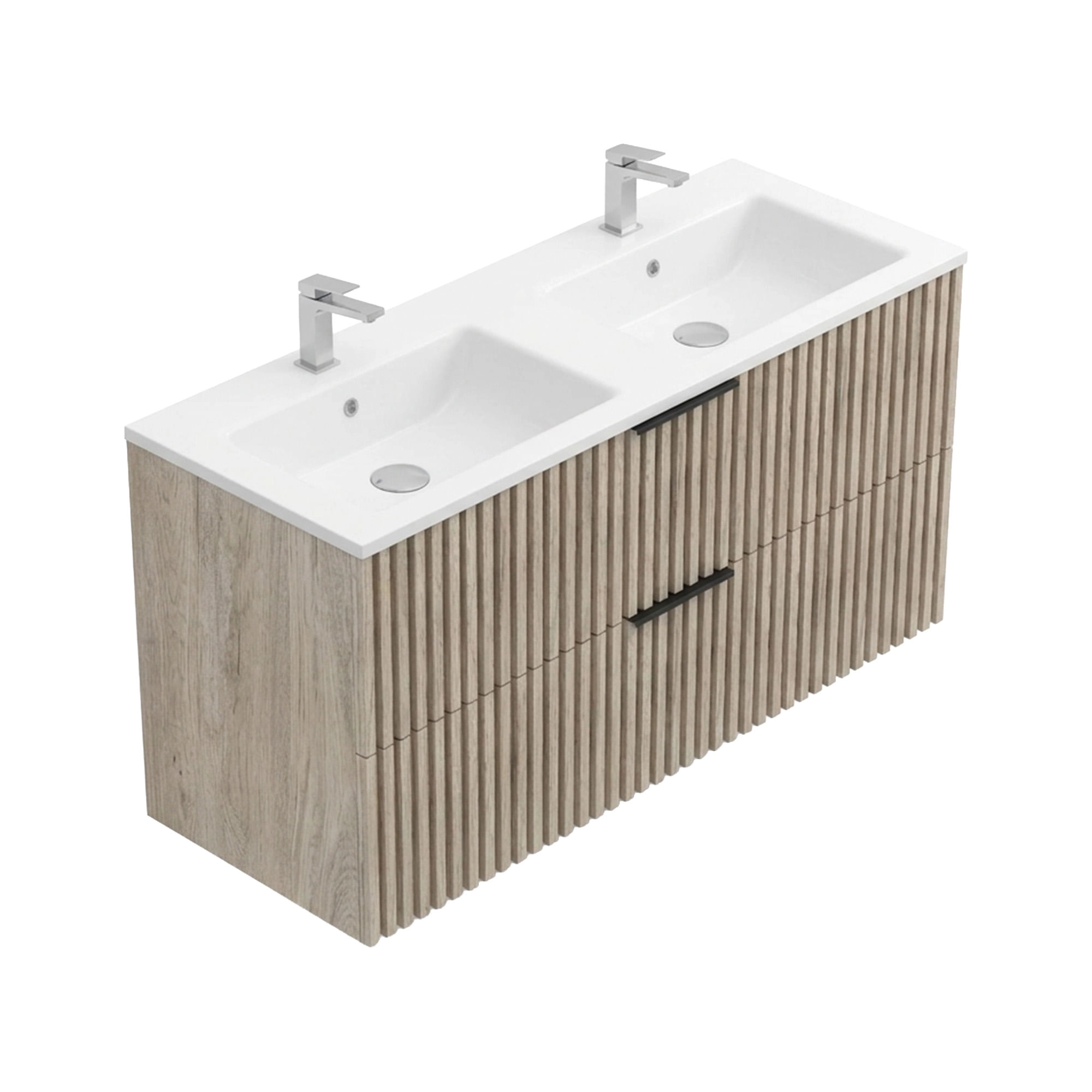 Mueble de baño suspendido Amelia-N con lavamanos doble y dos cajones cerrados, visto en perspectiva.