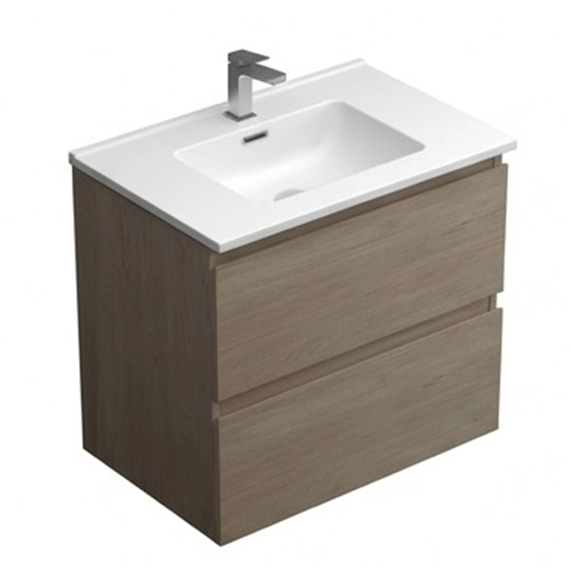 Mueble de baño suspendido Light Oak con dos cajones y lavamanos blanco, visto en perspectiva.