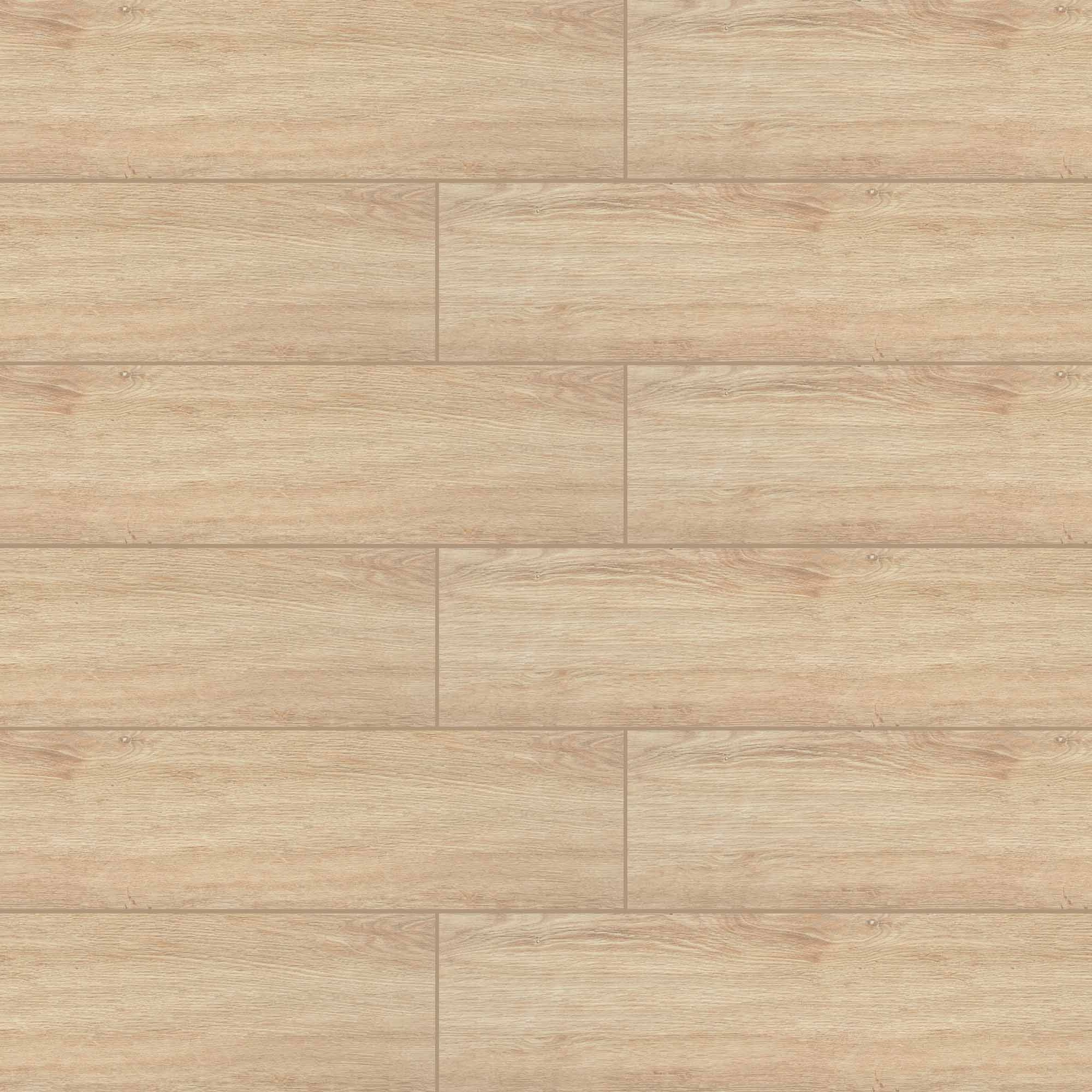 Vista superior del porcelanato beige con dibujo de vetas y nudos en tablones de juntas desplazadas.
