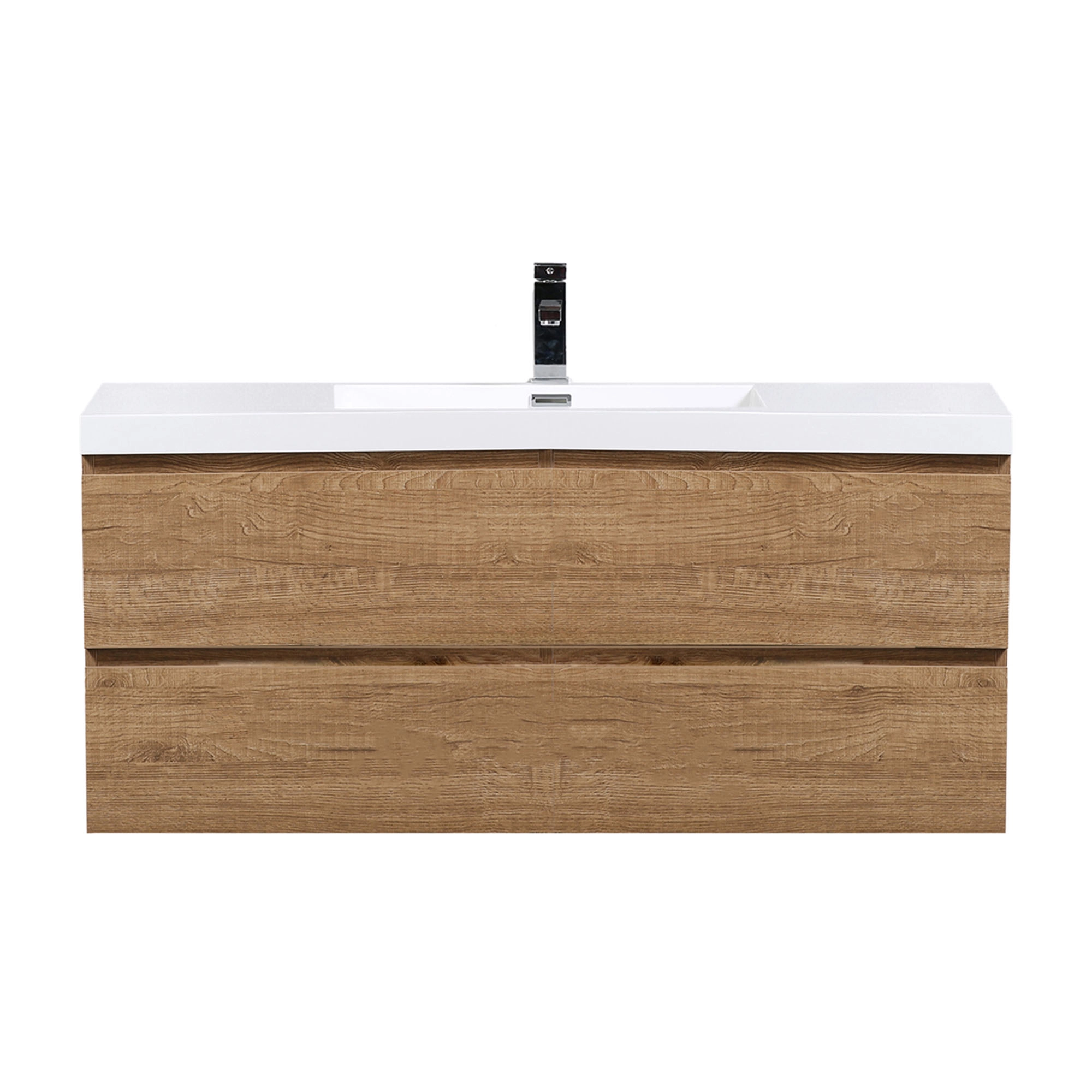 Mueble de baño Nutwood con lavamanos blanco y dos cajones, visto de frente