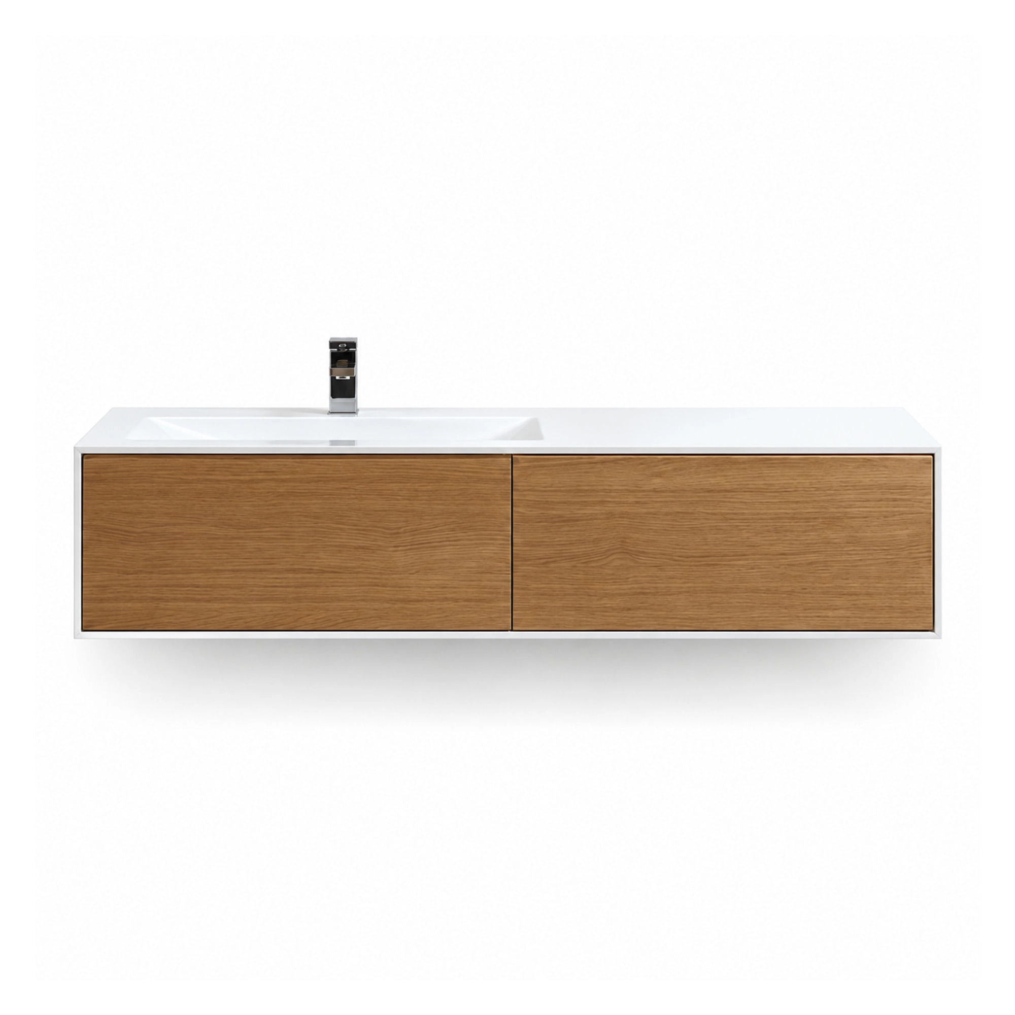 Mueble de baño suspendido con lavamanos blanco y dos frentes color Teak, visto de frente sobre fondo blanco.