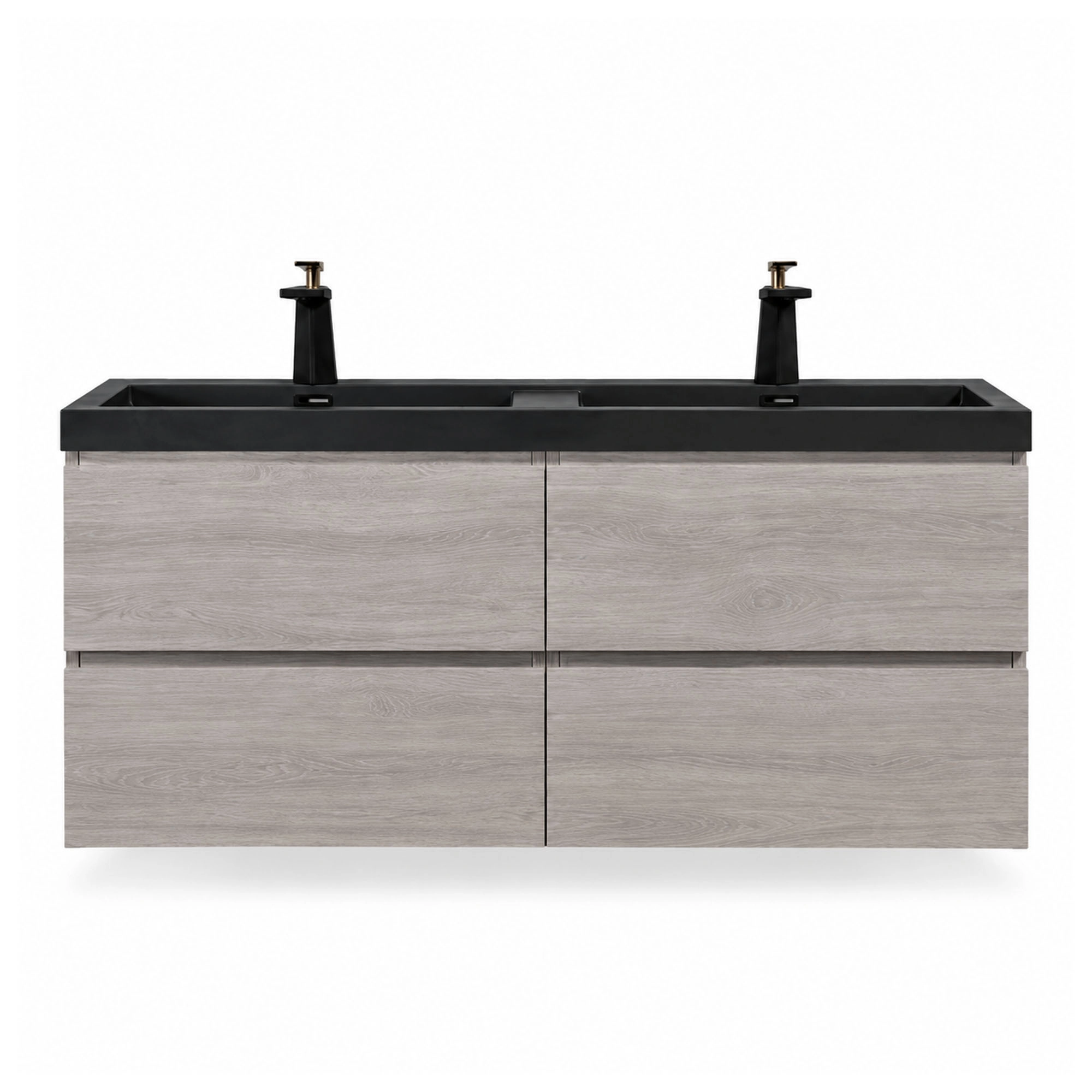 Mueble de baño suspendido de frente, con lavamanos doble negro mate y cuatro frentes de cajón en acabado Maple Grey