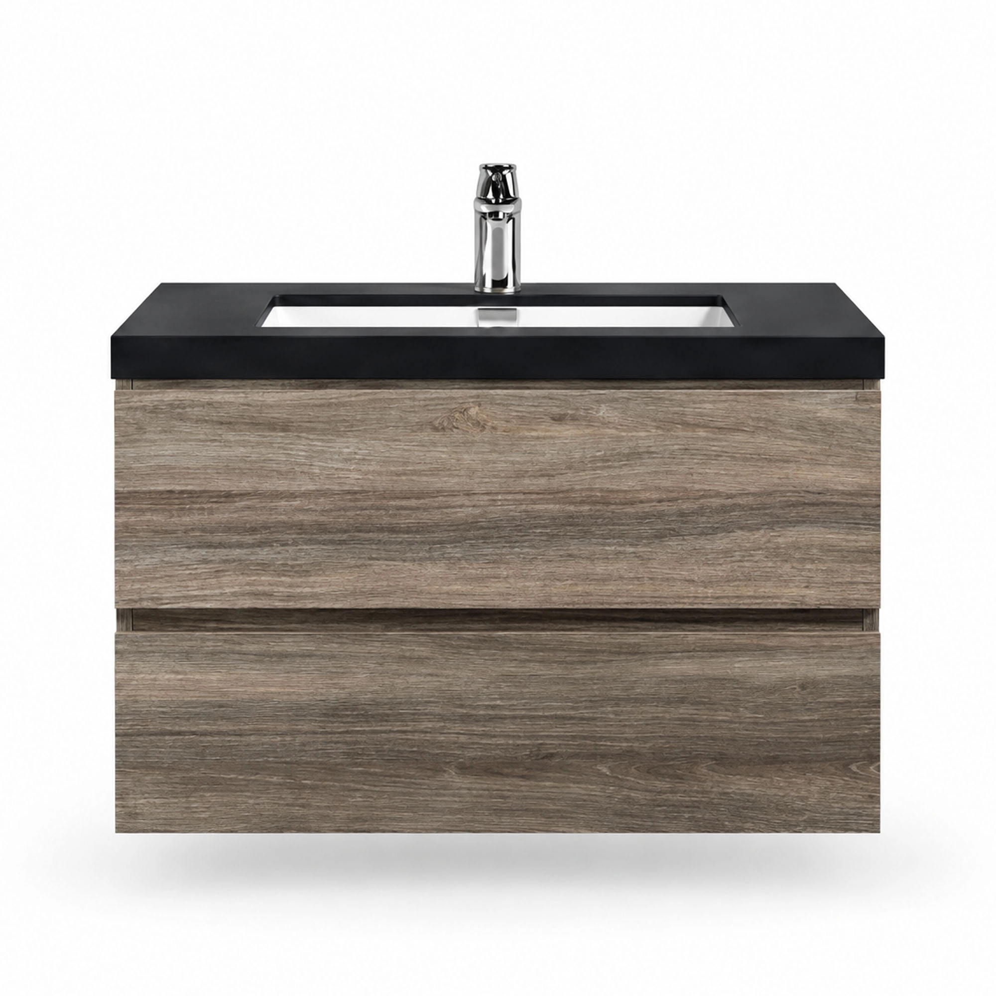 Mueble de baño suspendido visto de frente, con lavamanos negro mate y dos cajones Maple Grey.