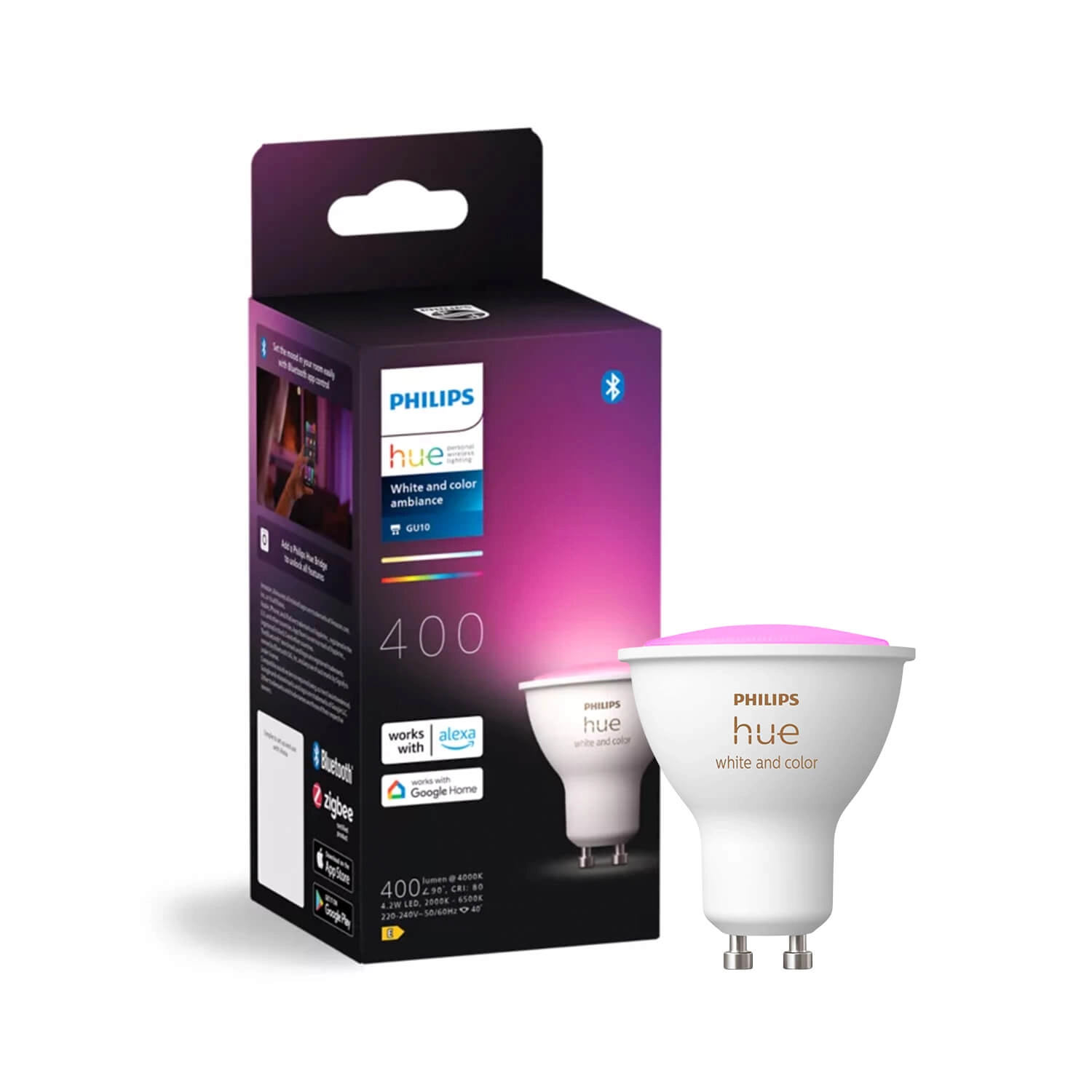 AMPOLLETA GU10 PHILIPS HUE 4.2W LUZ RGB Y CÁLIDA (2000K) A FRÍA (6000K) LUZ CÁLIDA A FRÍA Y RGB BLANCA (929003666501)