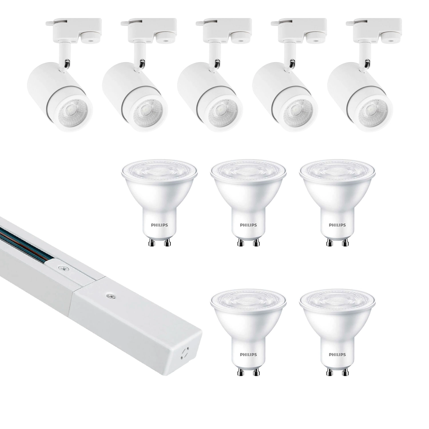 KIT RIEL MONOFÁSICO LED STUDIO 2 METROS + 5 FOCOS RIEL FAIDHE 5W LUZ CÁLIDA (2700K) BLANCO