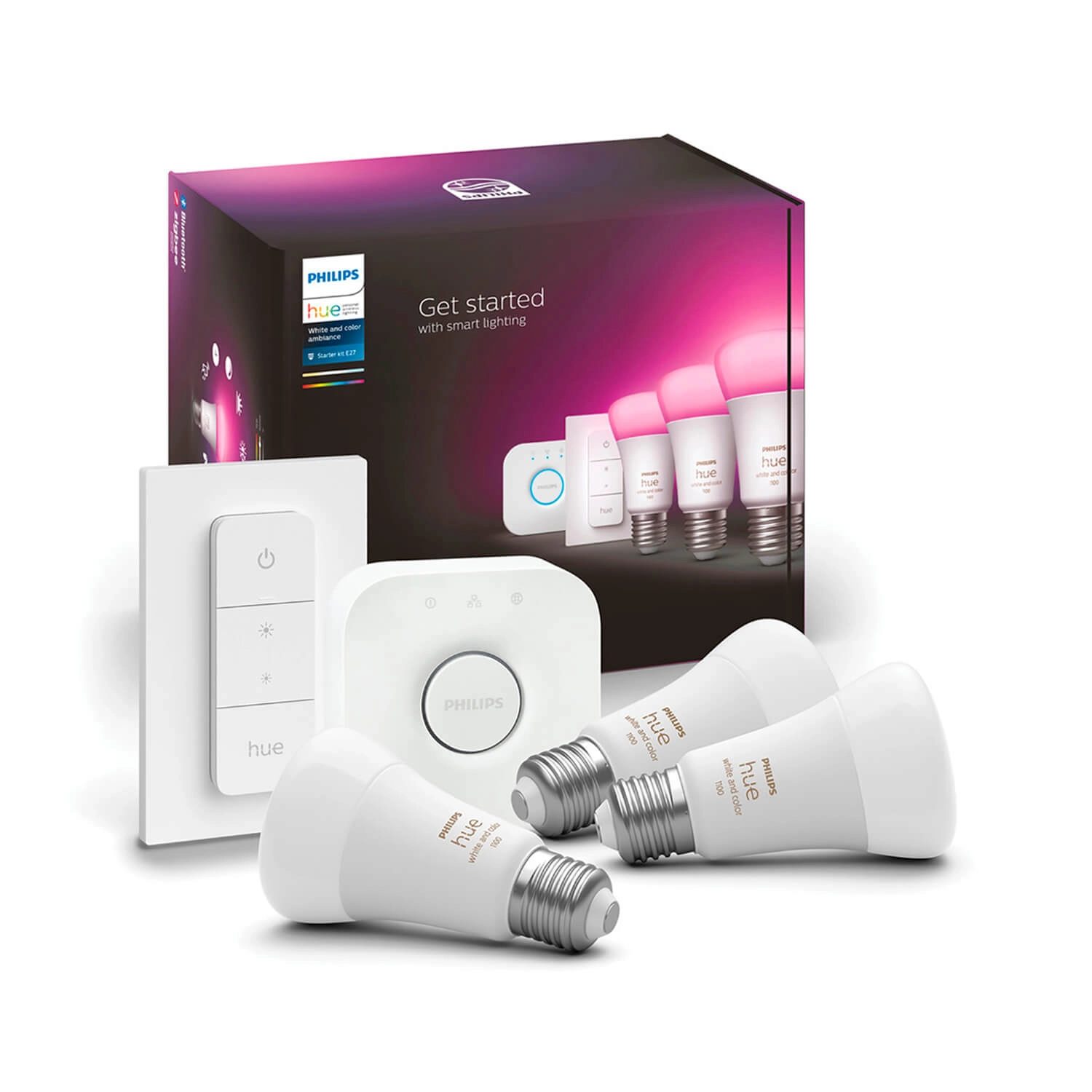 KIT AMPOLLETAS PHILIPS HUE 9W LUZ RGB Y CÁLIDA (2000K) A FRÍA (6000K) E27 + INTERRUPTOR INALÁMBRICO + BRIDGE BLANCO (929002468804)