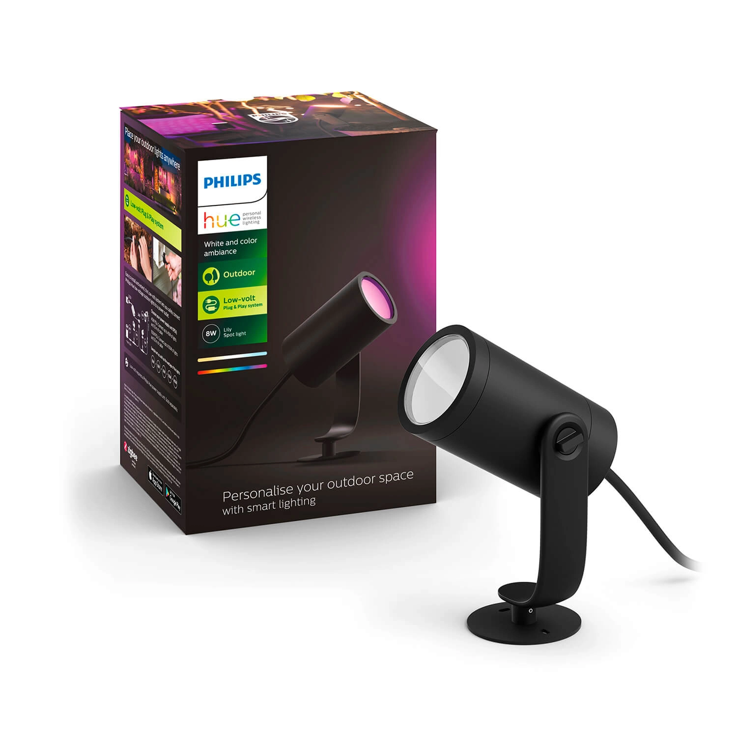 FOCO ESTACA PHILIPS HUE LILY JARDÍN 8W LUZ RGB Y CÁLIDA (2000K) A FRÍA (6000K) NEGRA (915005629801)